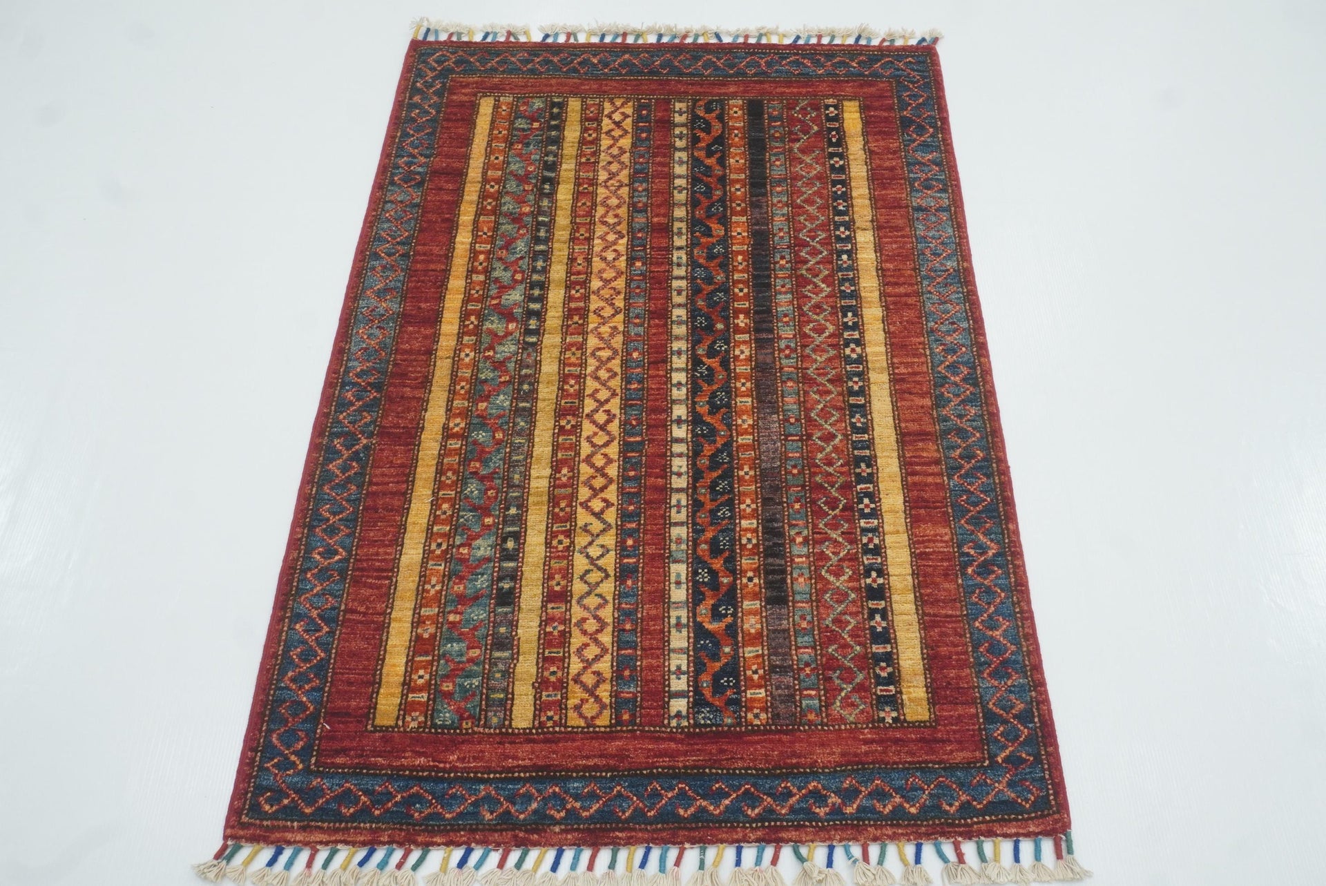 3x4 Red Turkish Striped Shawl Hand knotted Wool Rug