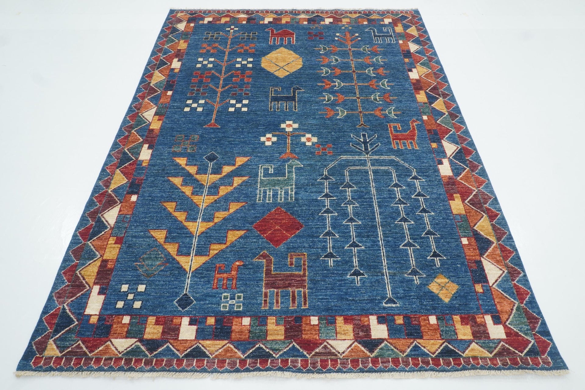 6x8 Blue Gabbeh Afghan Hand Knotted Wool Rug