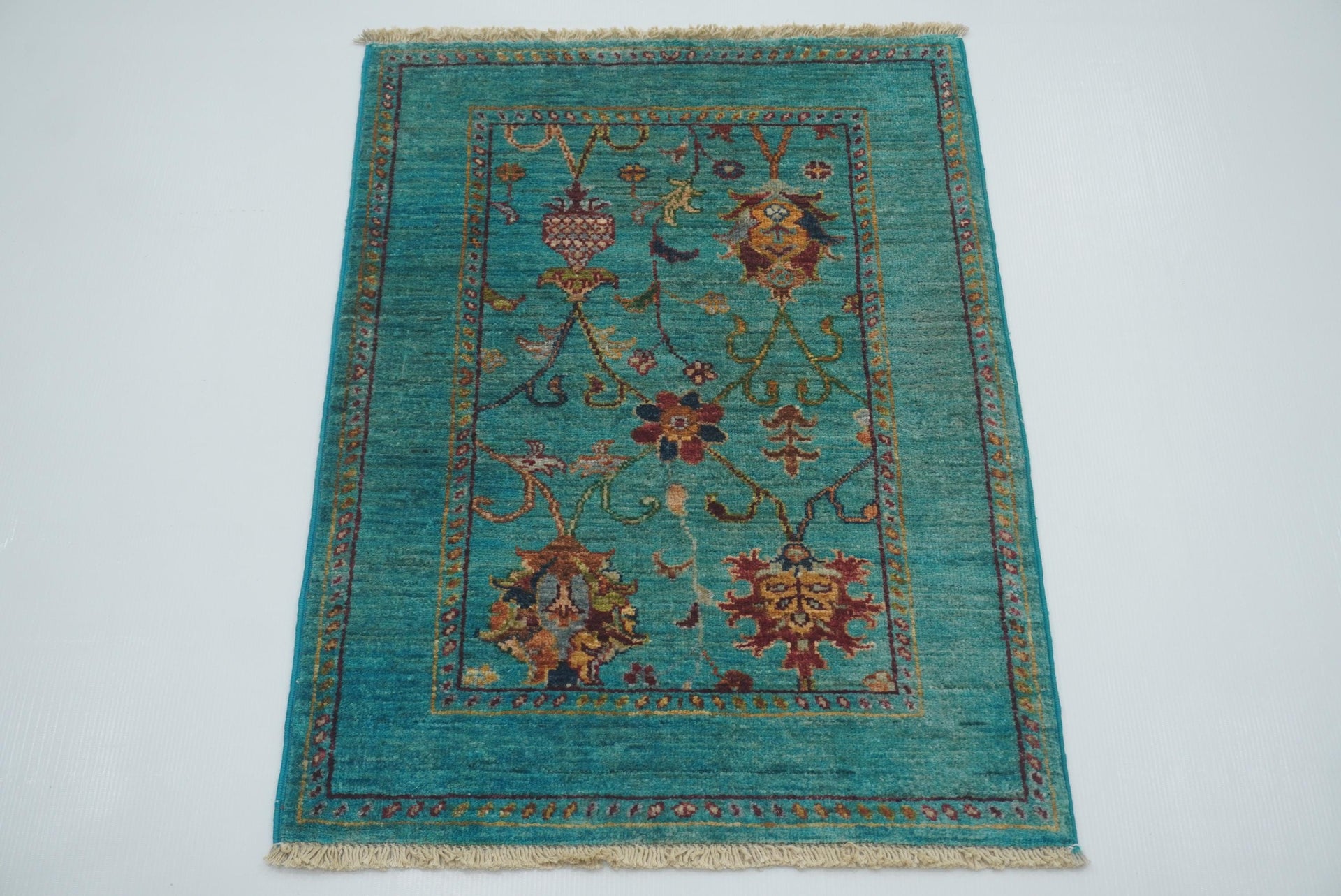 2x3 Waziri Afghan Turquoise Blue Hand Knotted Rug