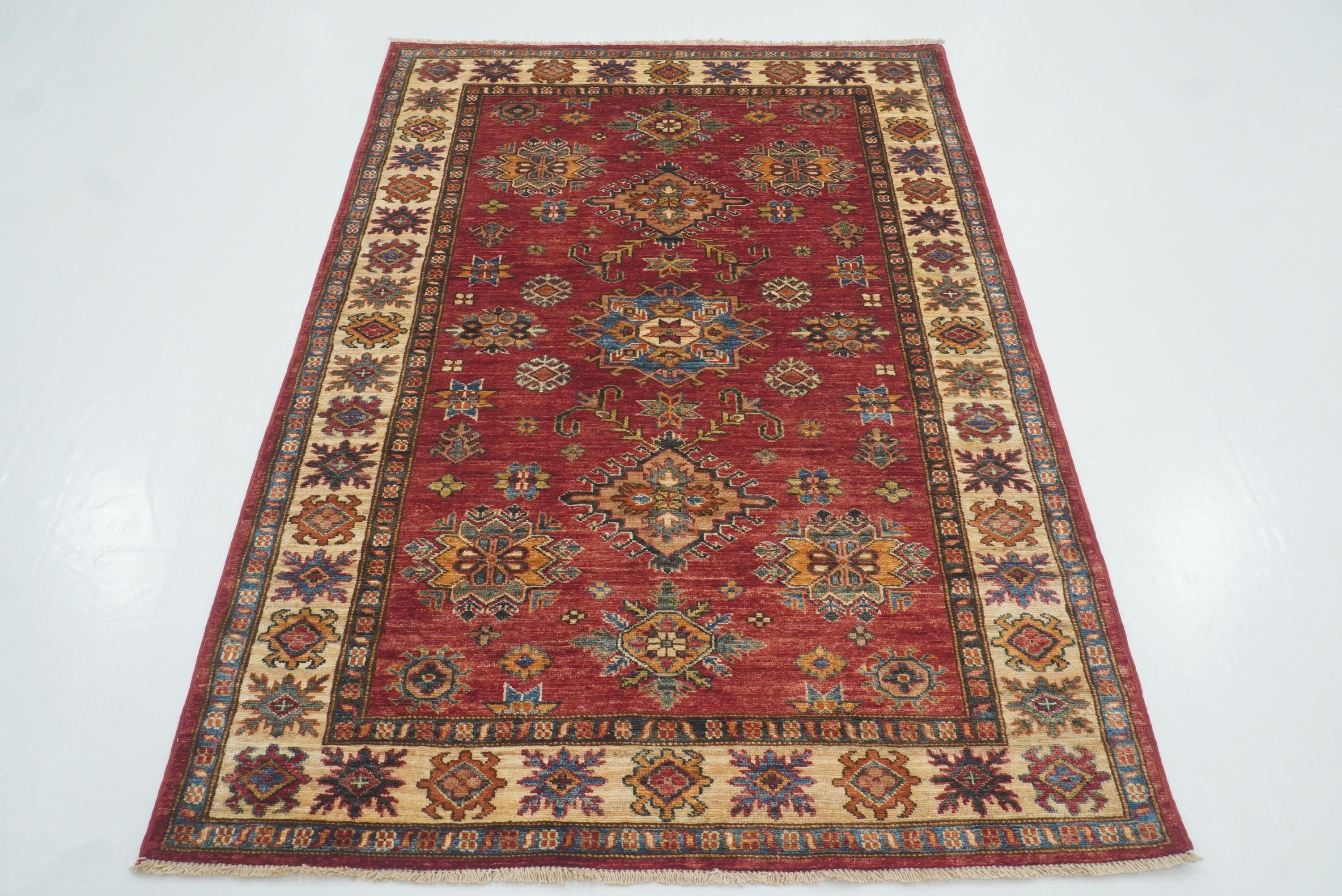 4x6 Red Kazak Hand Knotted Afghan Geometric Rug - Yildiz Rugs