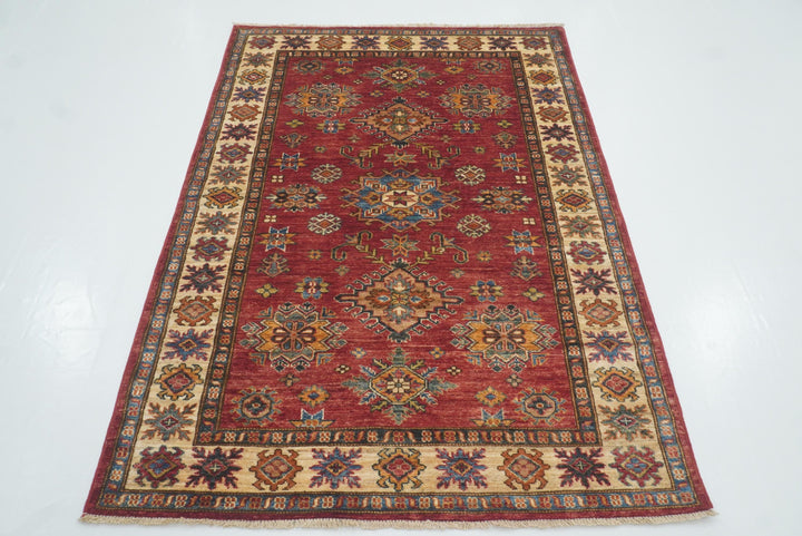 4x6 Red Kazak Hand Knotted Afghan Geometric Rug - Yildiz Rugs
