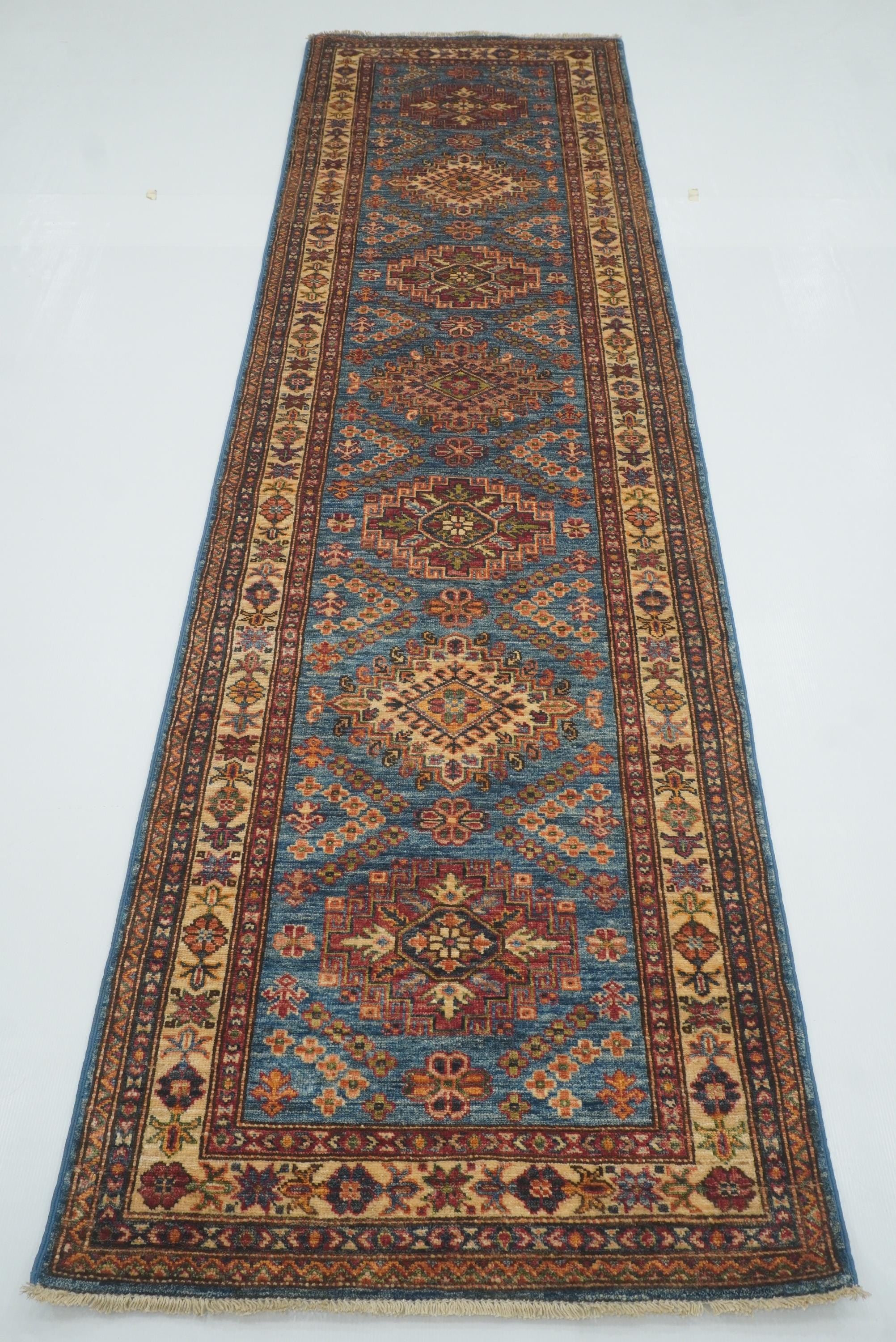 10 ft Kazak Blue Afghan Hand Knotted Runner Rug - Yildiz Rugs