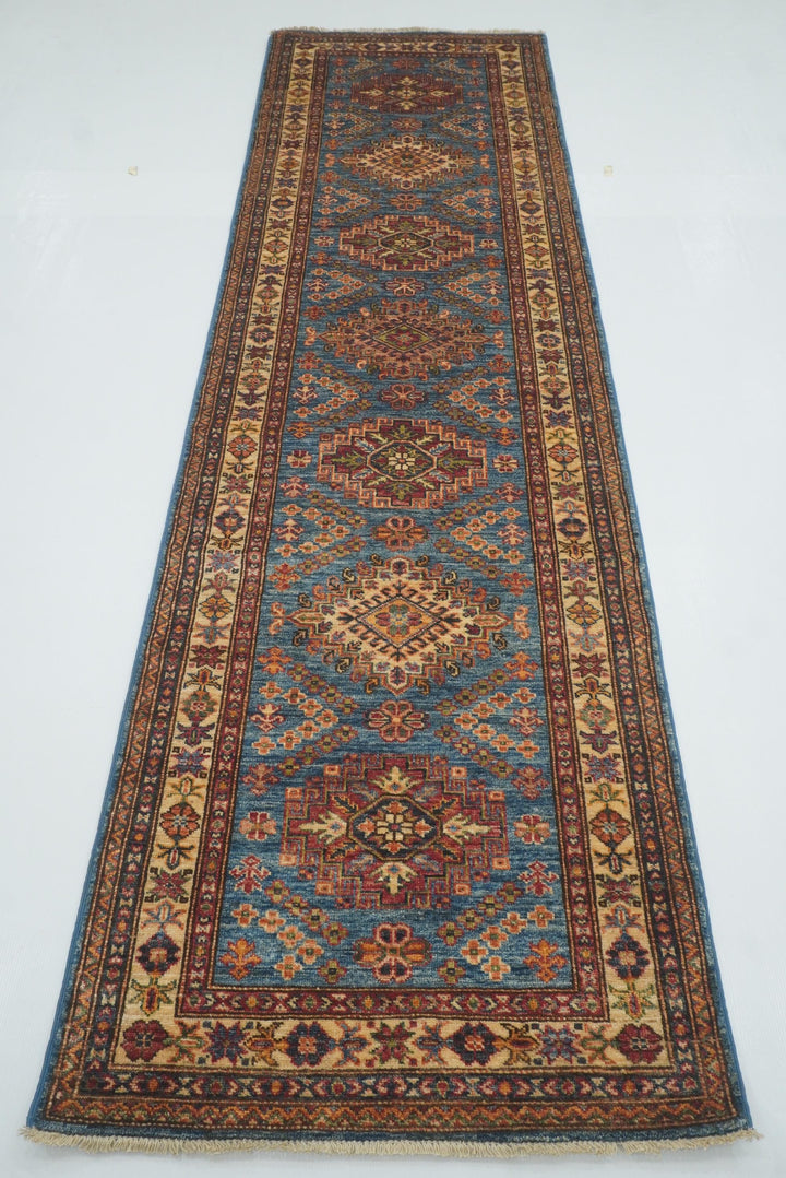 10 ft Kazak Blue Afghan Hand Knotted Runner Rug - Yildiz Rugs