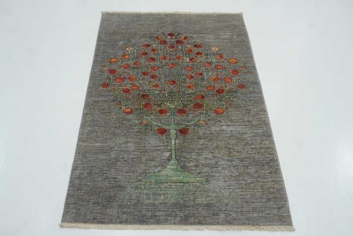 3x4 Tree of Life Blueish Gray Gabbeh Hand Knotted Afghan Rug - Yildiz Rugs
