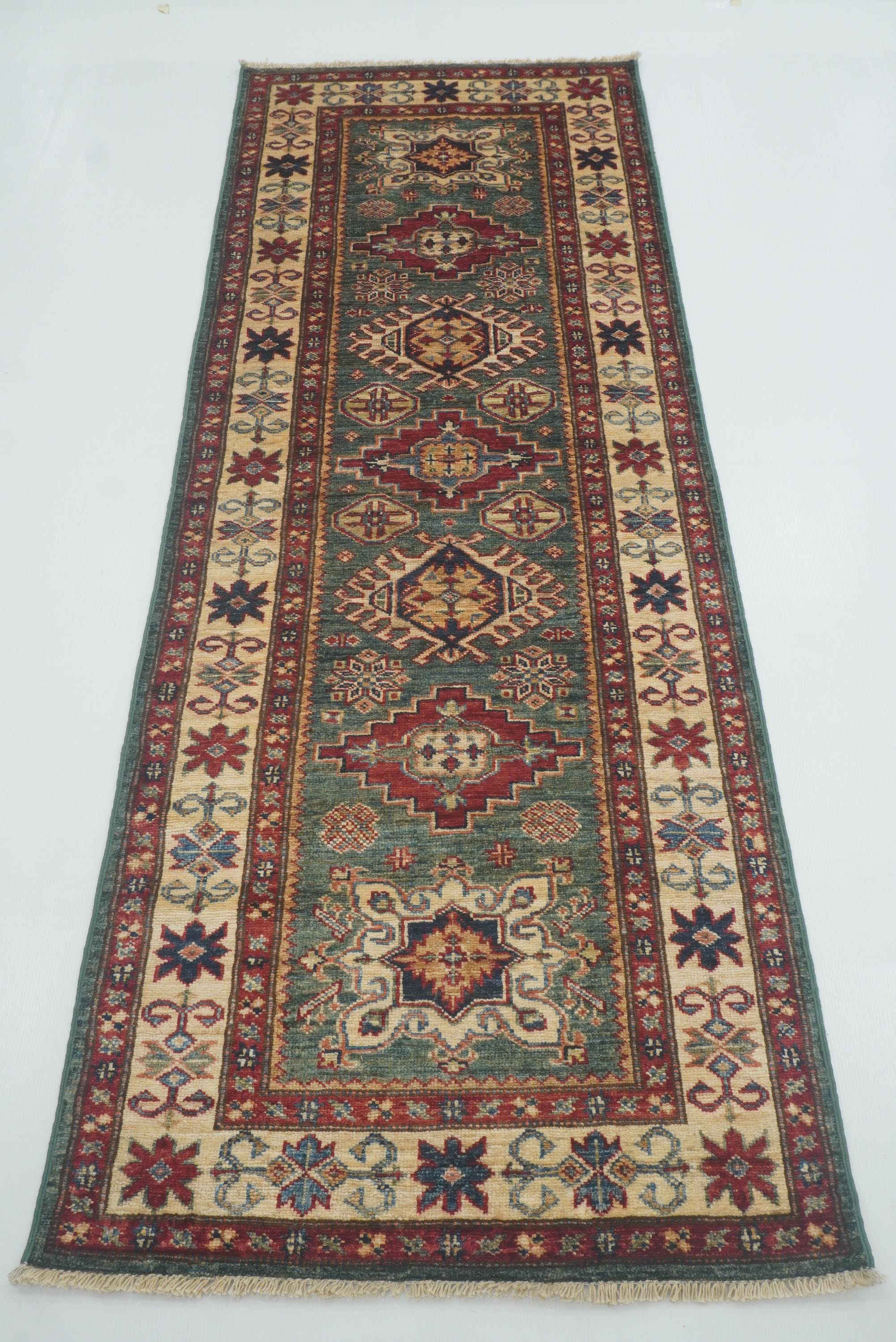 7 ft Kazak Green Afghan Hand Knotted Runner Rug - Yildiz Rugs