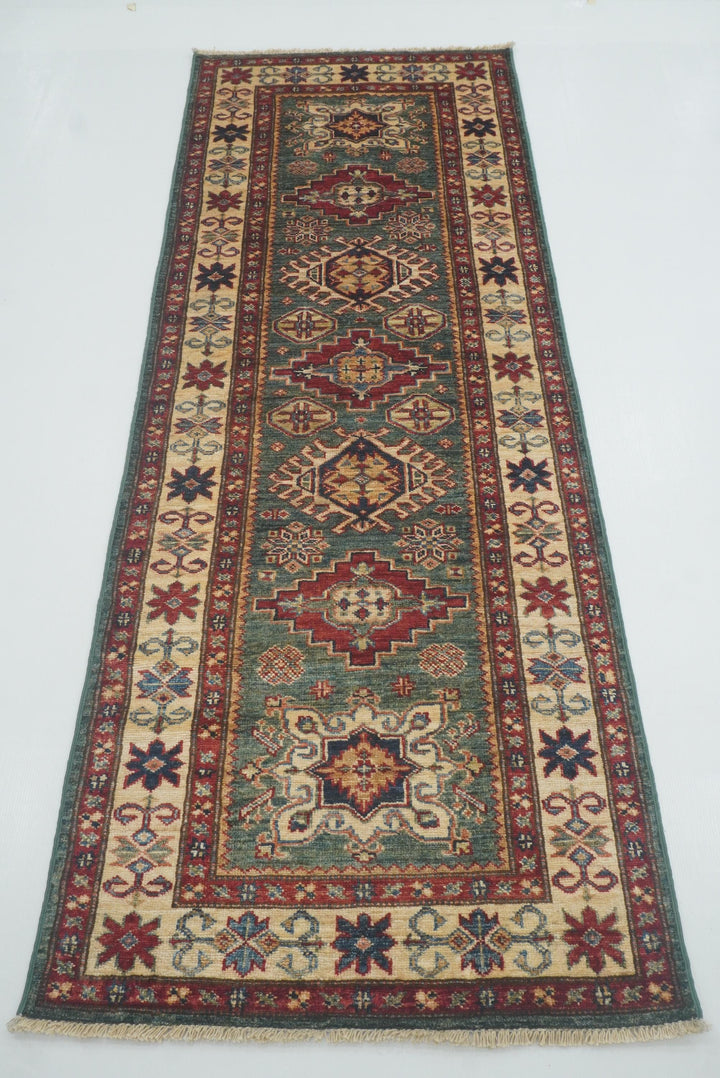 7 ft Kazak Green Afghan Hand Knotted Runner Rug - Yildiz Rugs