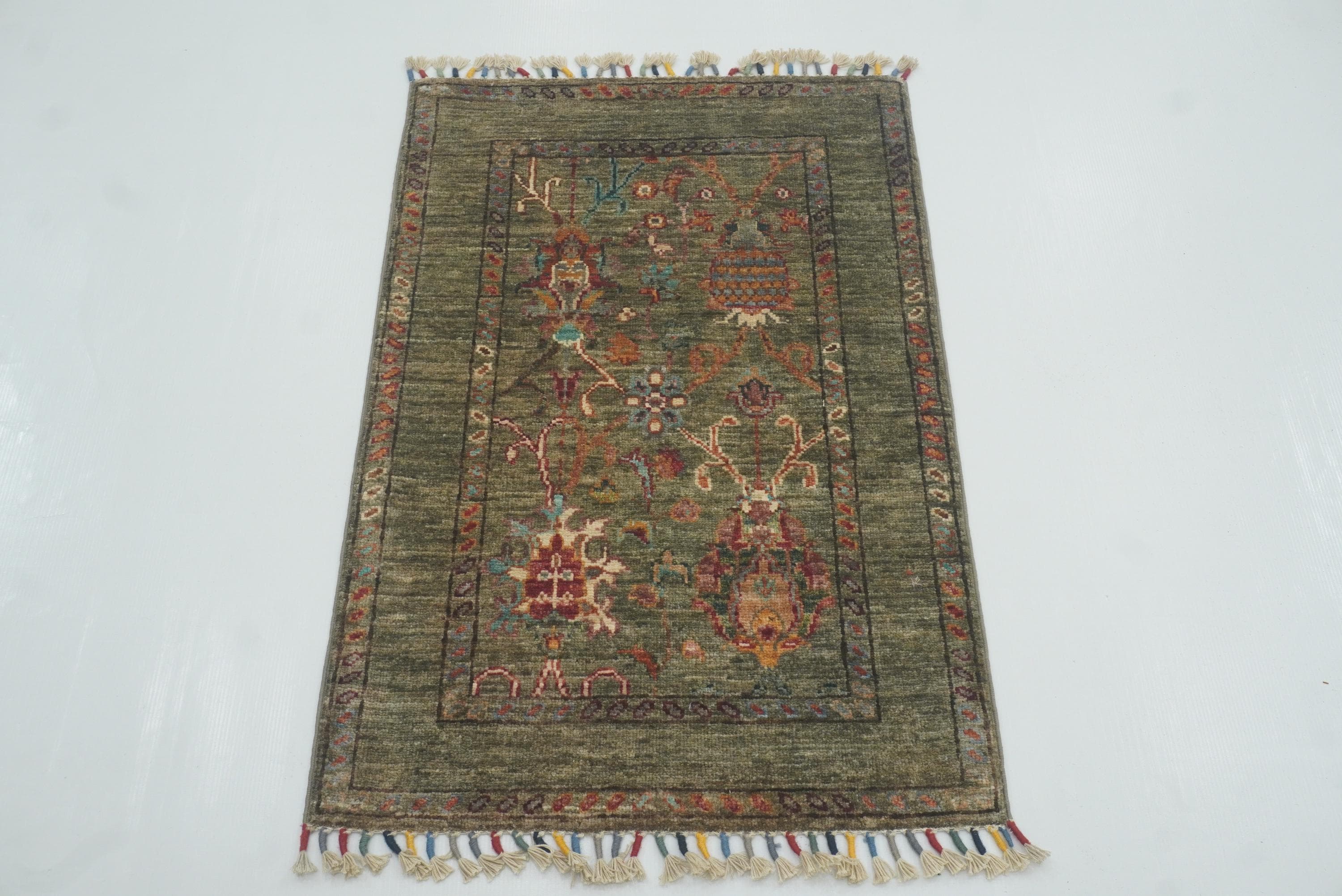 2x3 Green Afghan Waziri Hand Knotted Wool Rug - Yildiz Rugs