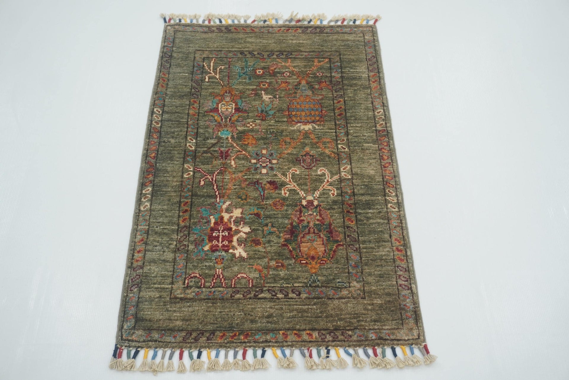 2x3 Green Afghan Waziri Floral Hand Knotted Rug - Yildiz Rugs