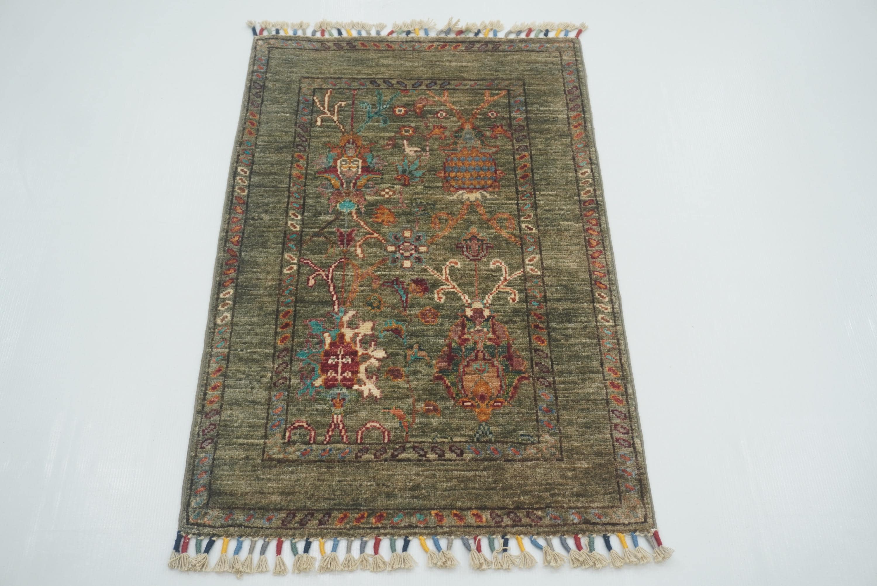 2x3 Green Afghan Waziri Floral Hand Knotted Rug - Yildiz Rugs