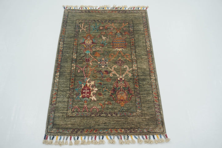 2x3 Green Afghan Waziri Floral Hand Knotted Rug - Yildiz Rugs