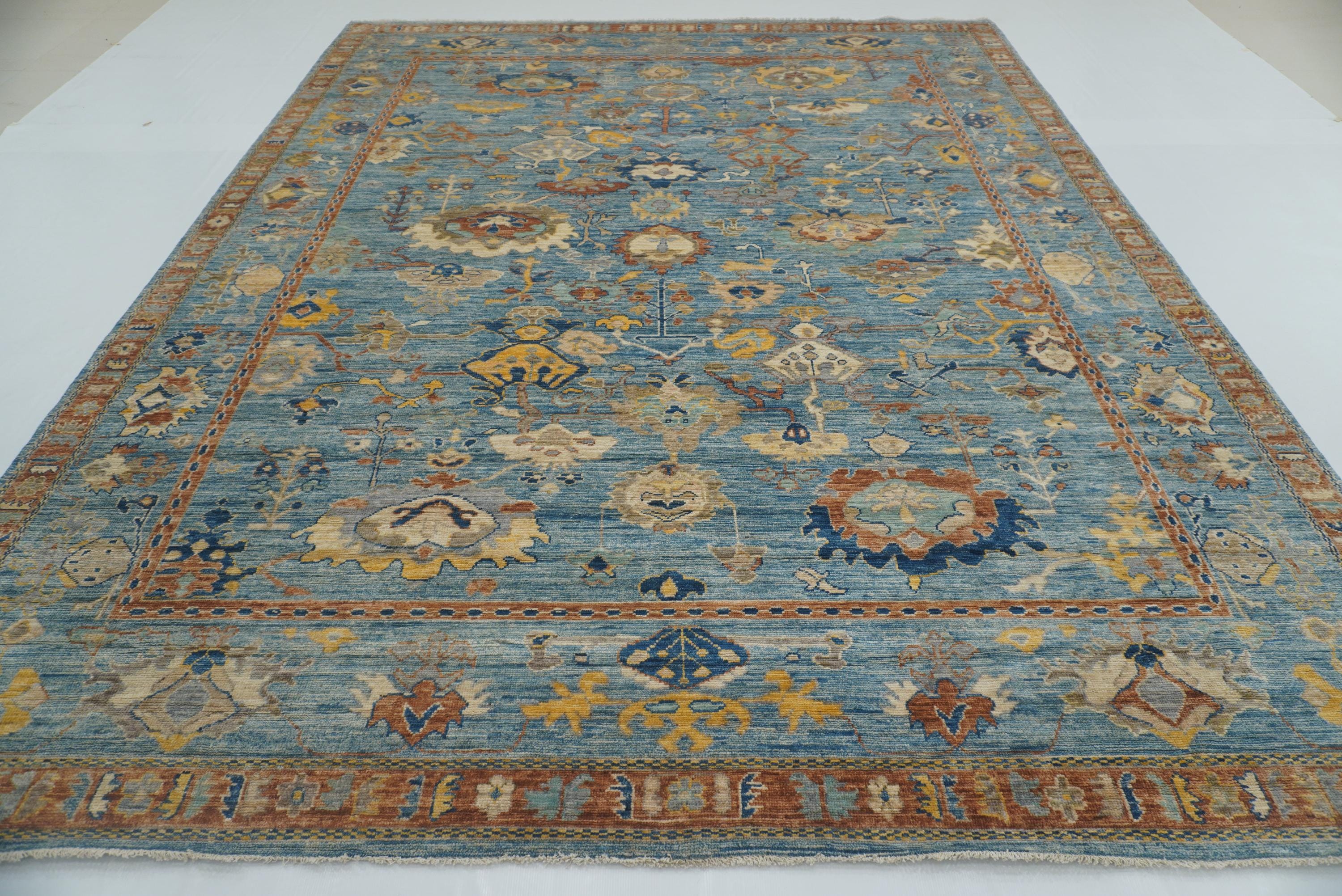 9x12 Blue Oushak Hand-Knotted Turkish Rug - Yildiz Rugs