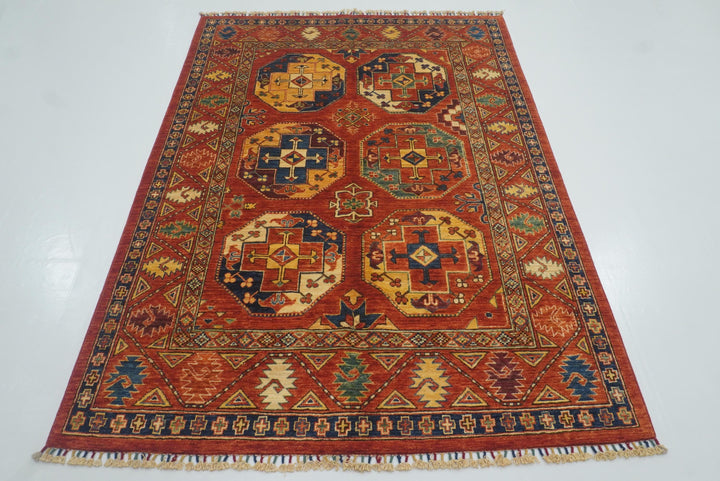 5x7 Red Ersari Afghan Hand-Knotted Turkmen Rug - Yildiz Rugs
