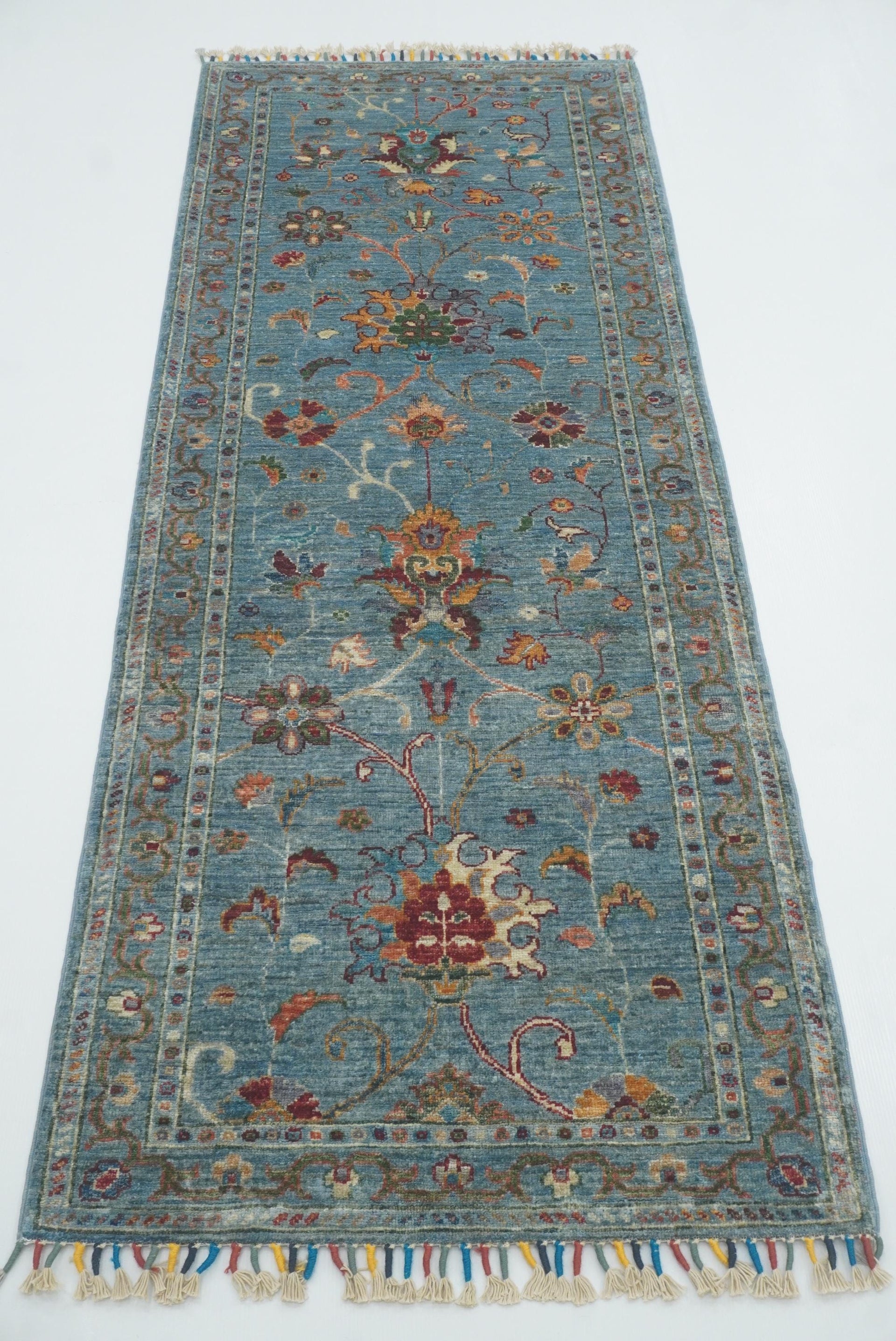 7 ft Blue Waziri Afghan Hand-Knotted Runner Rug