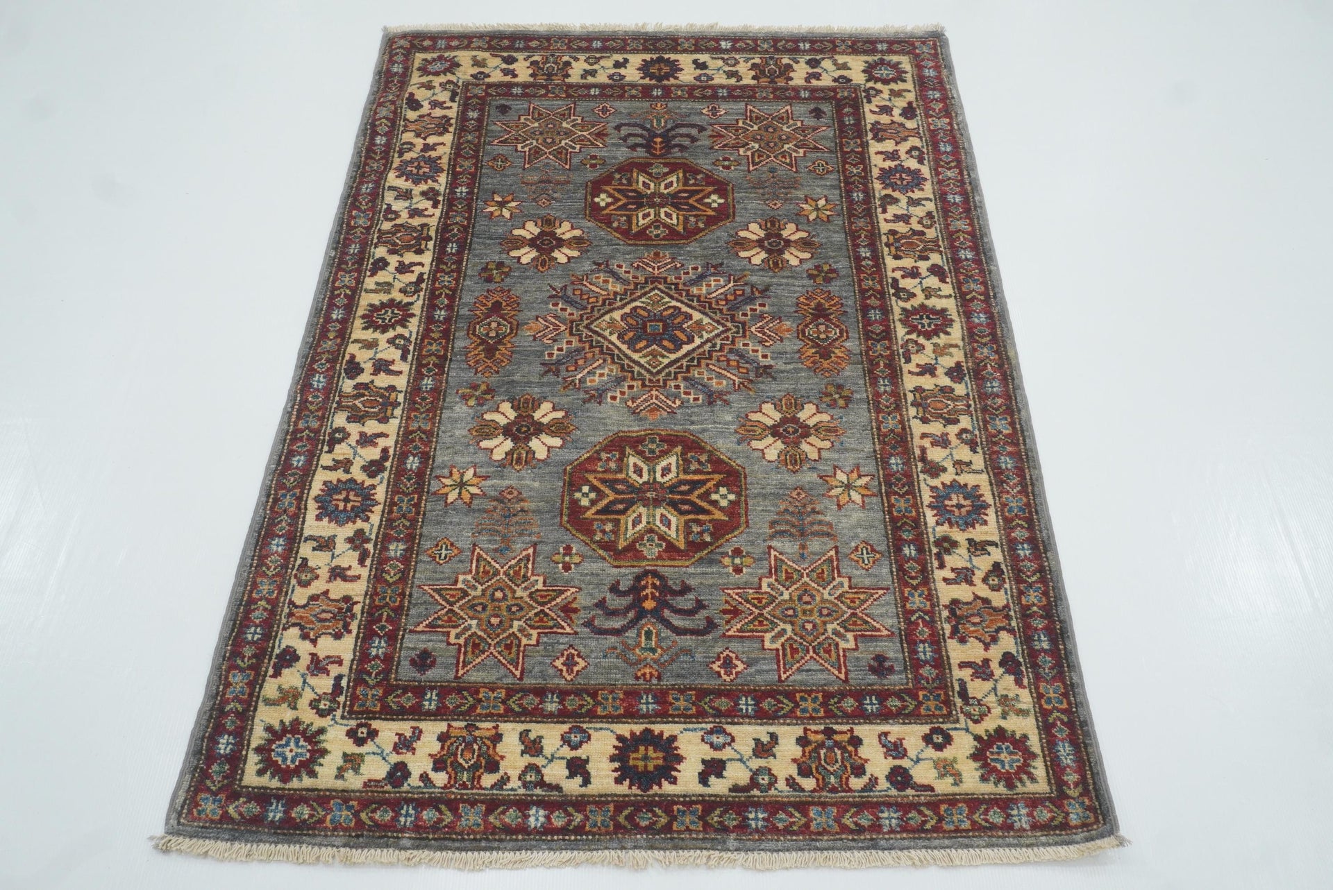 3x5 Gray Kazak Afghan Hand-knotted Rug