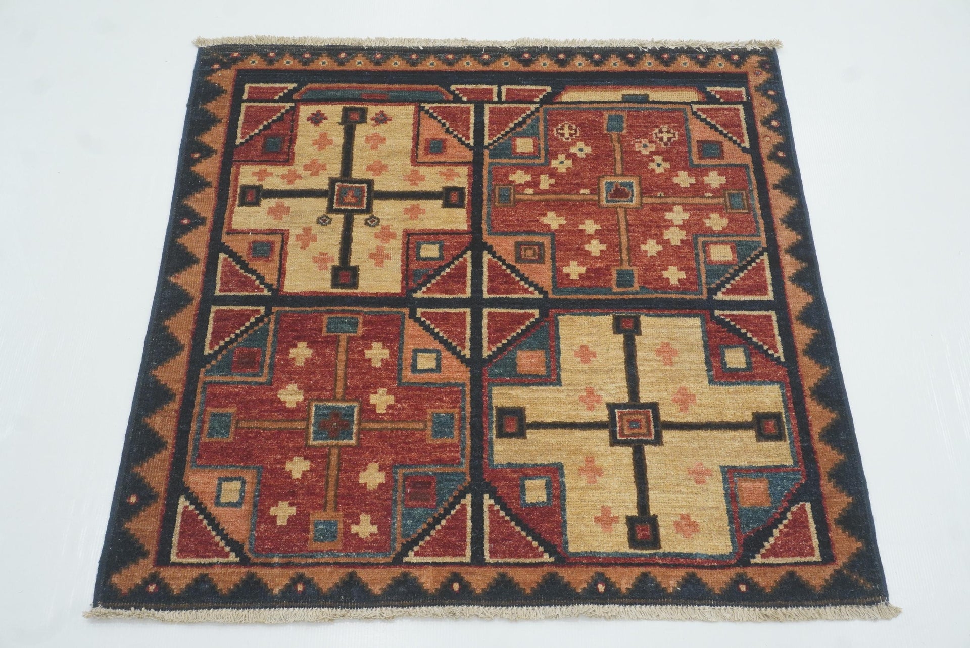 3x3 Red Blue Afghan Hand Knotted Vintage Square Rug