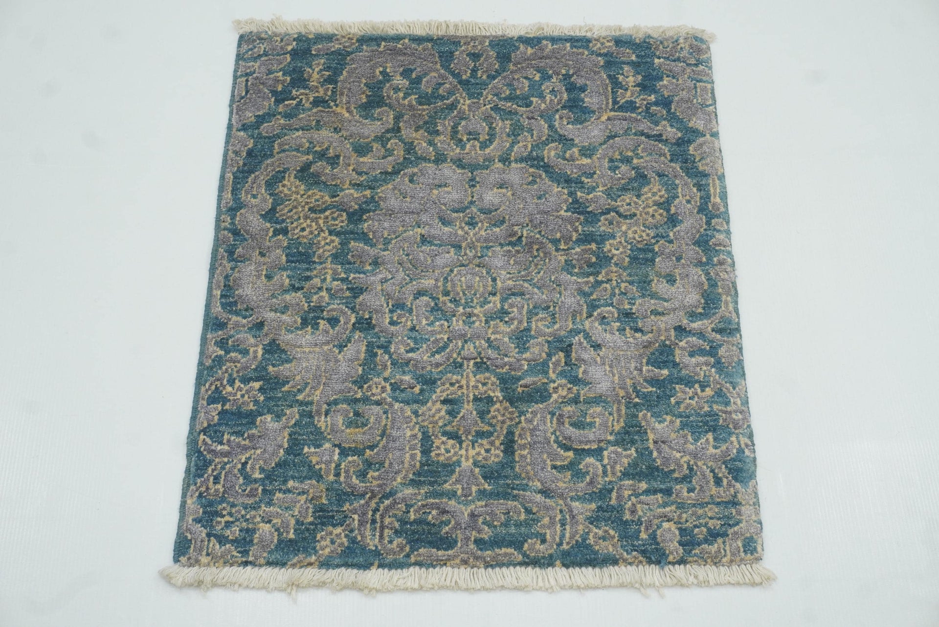 2x2 Blue Accent Afghan Hand knotted wool & Silk Rug