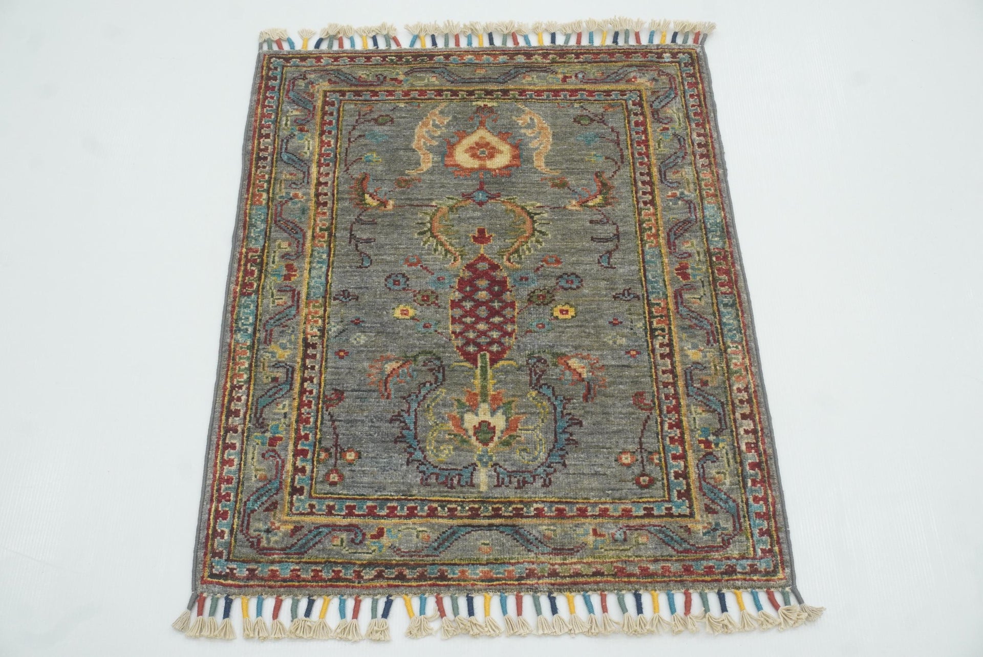 2x3 Gray Afghan Waziri Floral Hand Knotted Wool Rug