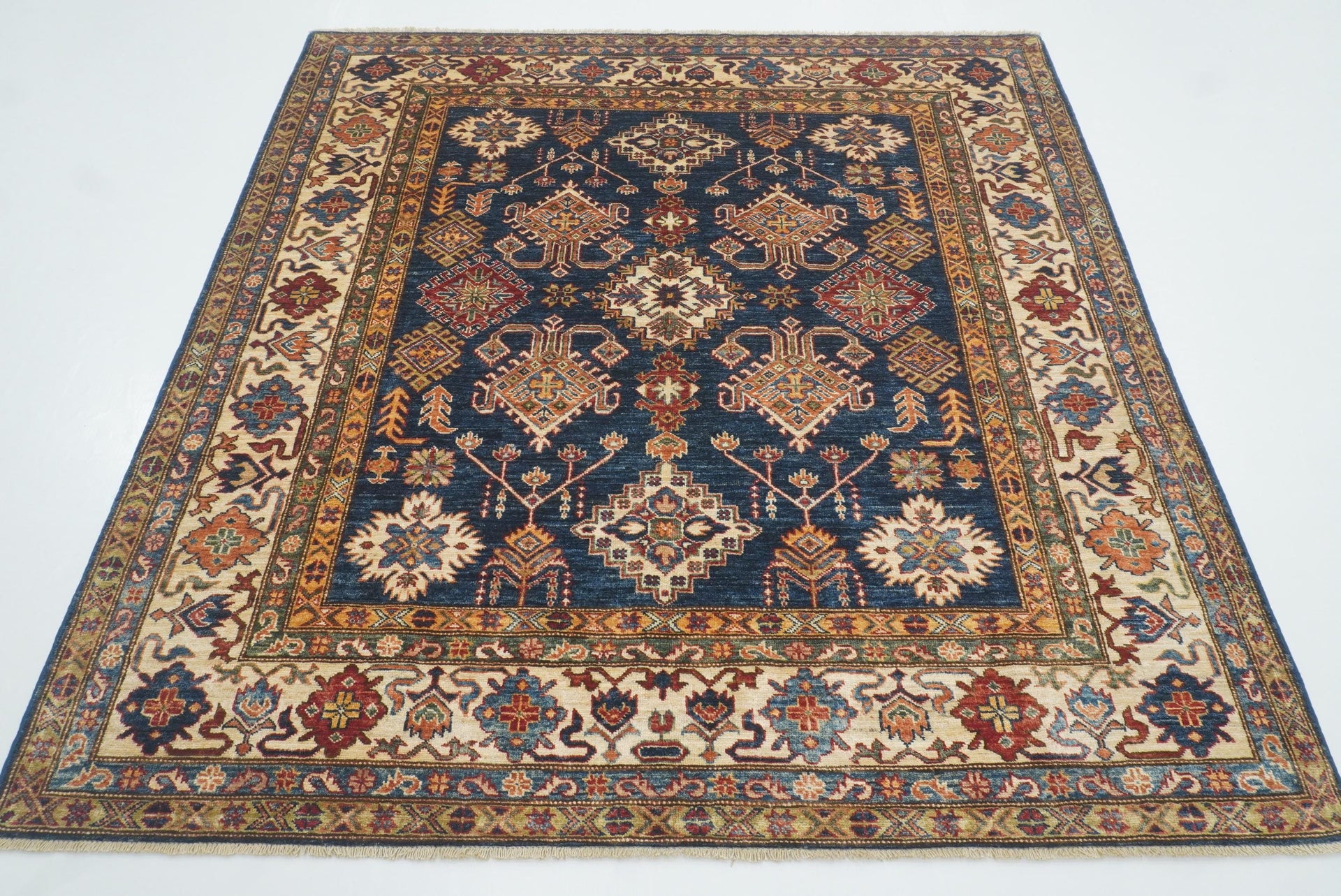 6x6 Blue Kazak Afghan Hand-Knotted Wool Square Rug - Yildiz Rugs
