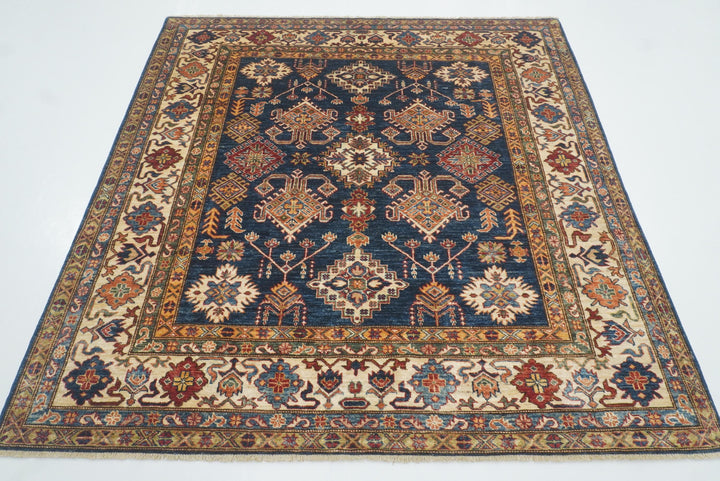 6x6 Blue Kazak Afghan Hand-Knotted Wool Square Rug - Yildiz Rugs
