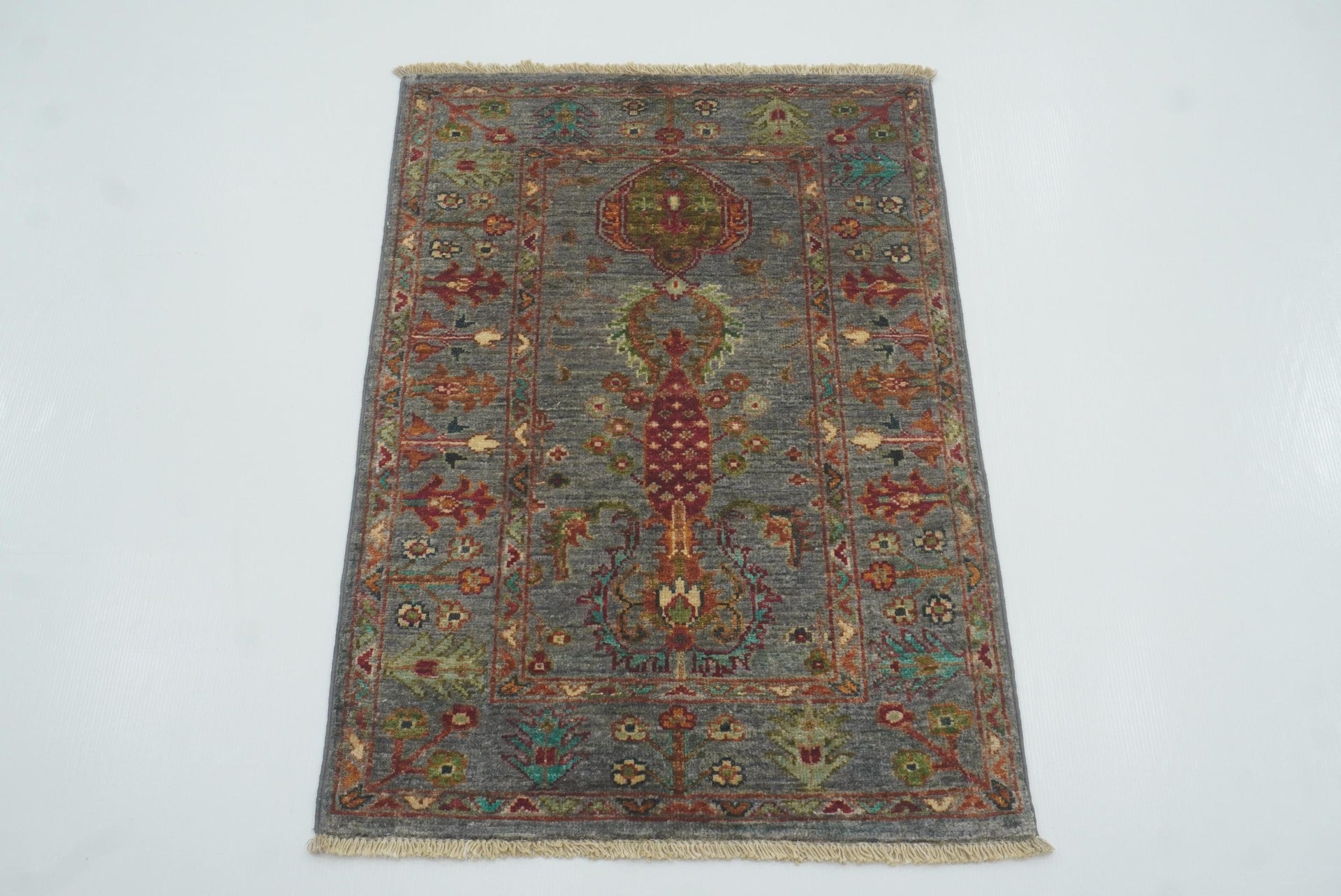 2x3 Gray Afghan Waziri Floral Hand Knotted Rug - Yildiz Rugs