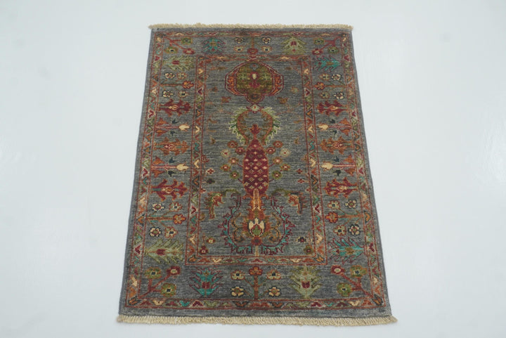 2x3 Gray Afghan Waziri Floral Hand Knotted Rug - Yildiz Rugs