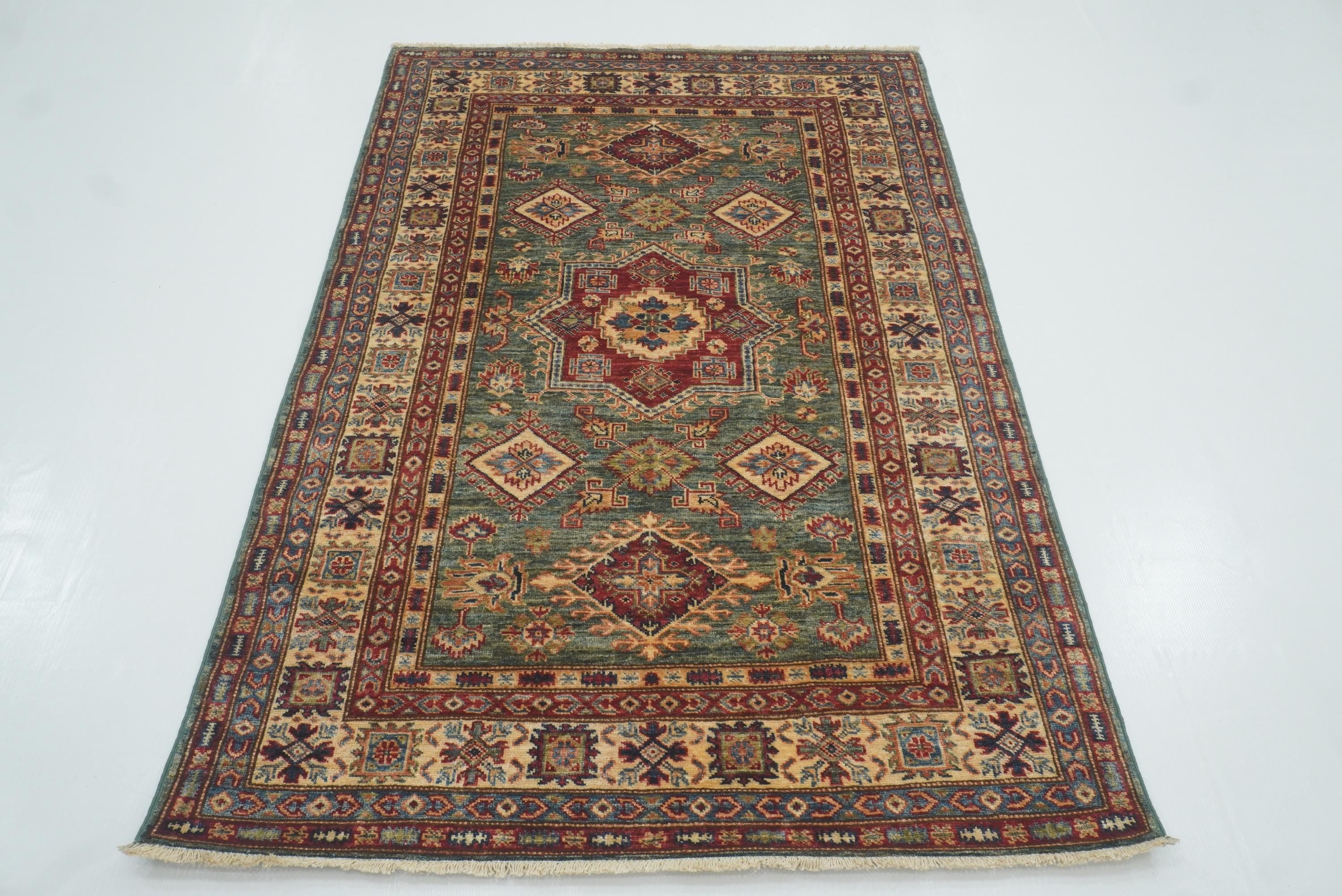 4x6 Green Kazak Hand Knotted Afghan Rug - Yildiz Rugs