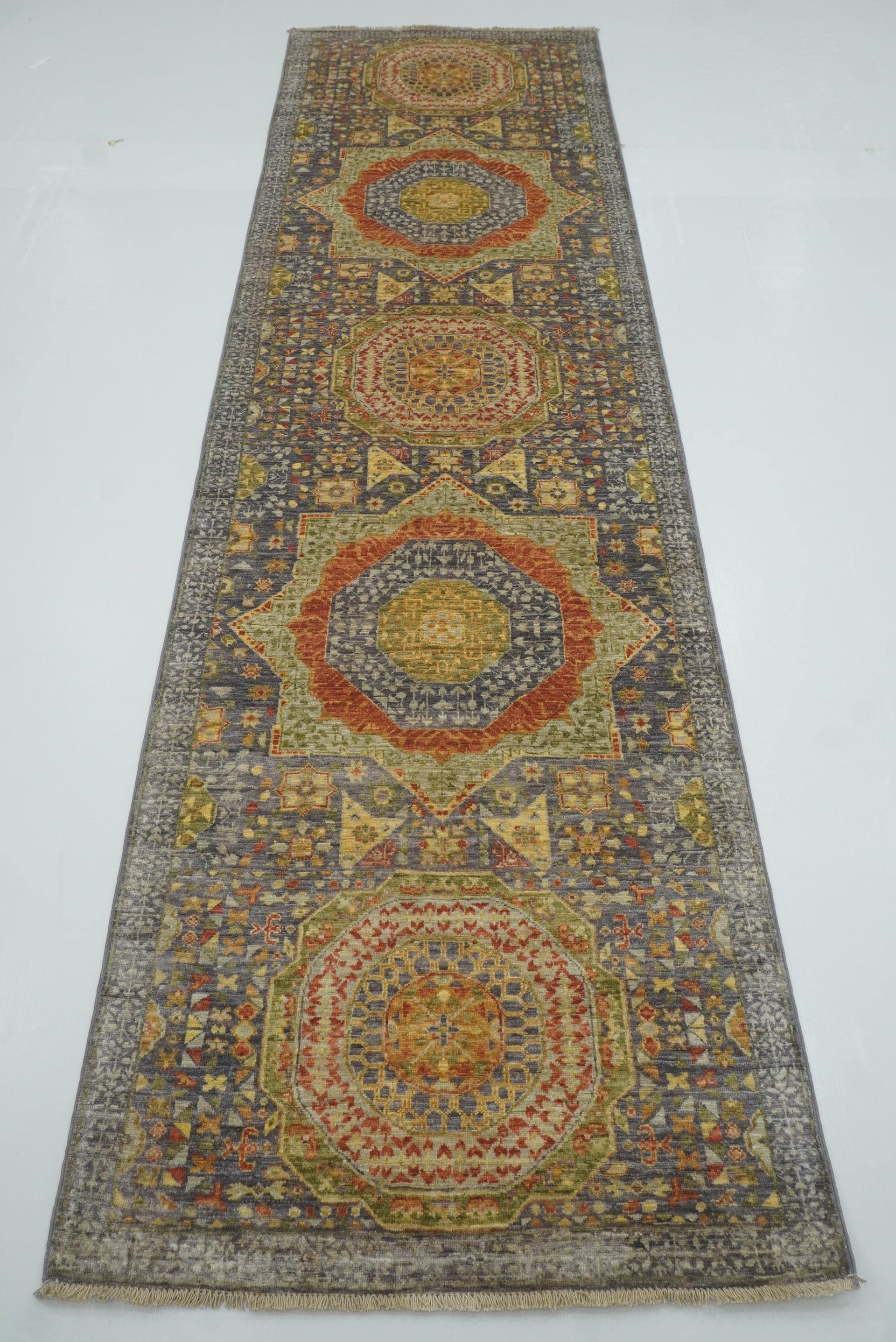 10 ft Gray Mamluk Hand-Knotted Wool Runner Rug - Yildiz Rugs