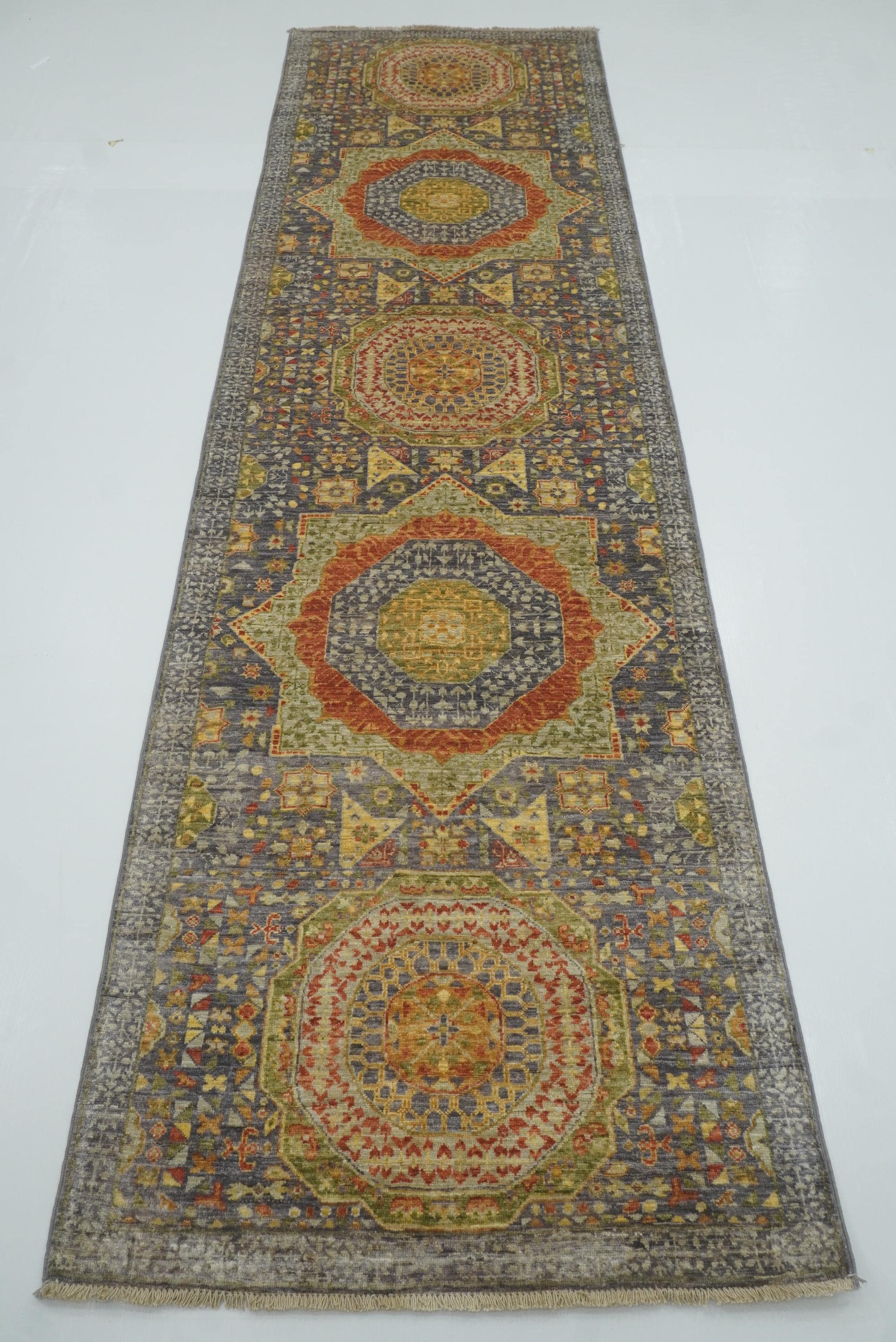 10 ft Gray Mamluk Hand-Knotted Wool Runner Rug - Yildiz Rugs