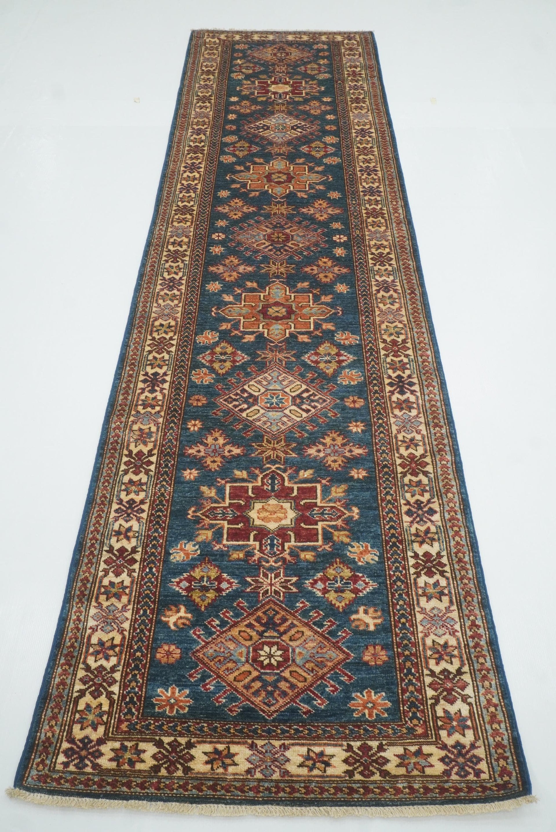 10 ft Kazak Teal Blue Afghan Hand Knotted Runner Rug