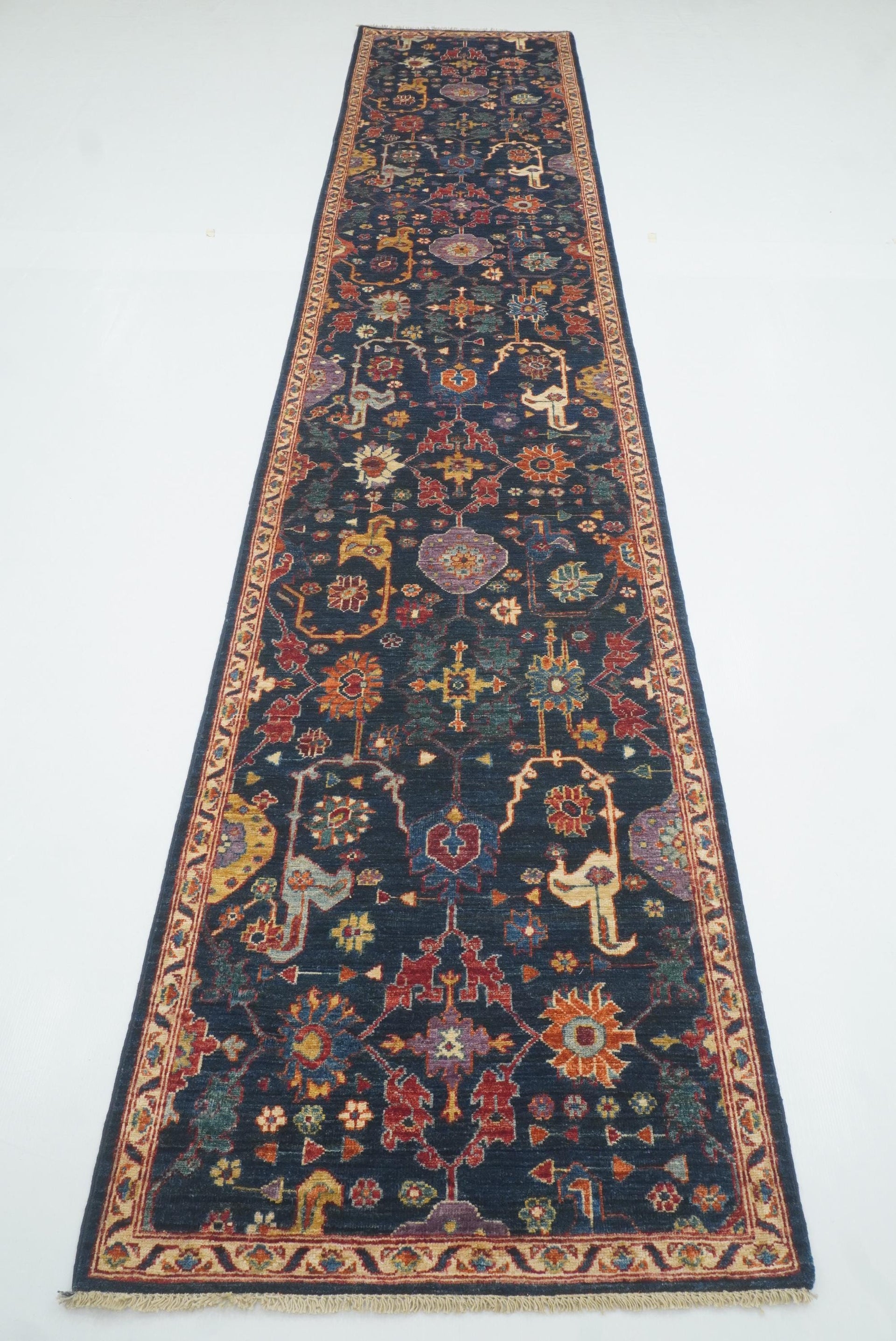 14 ft Bidjar Navy Blue Hand Knotted Afghan Runner Rug