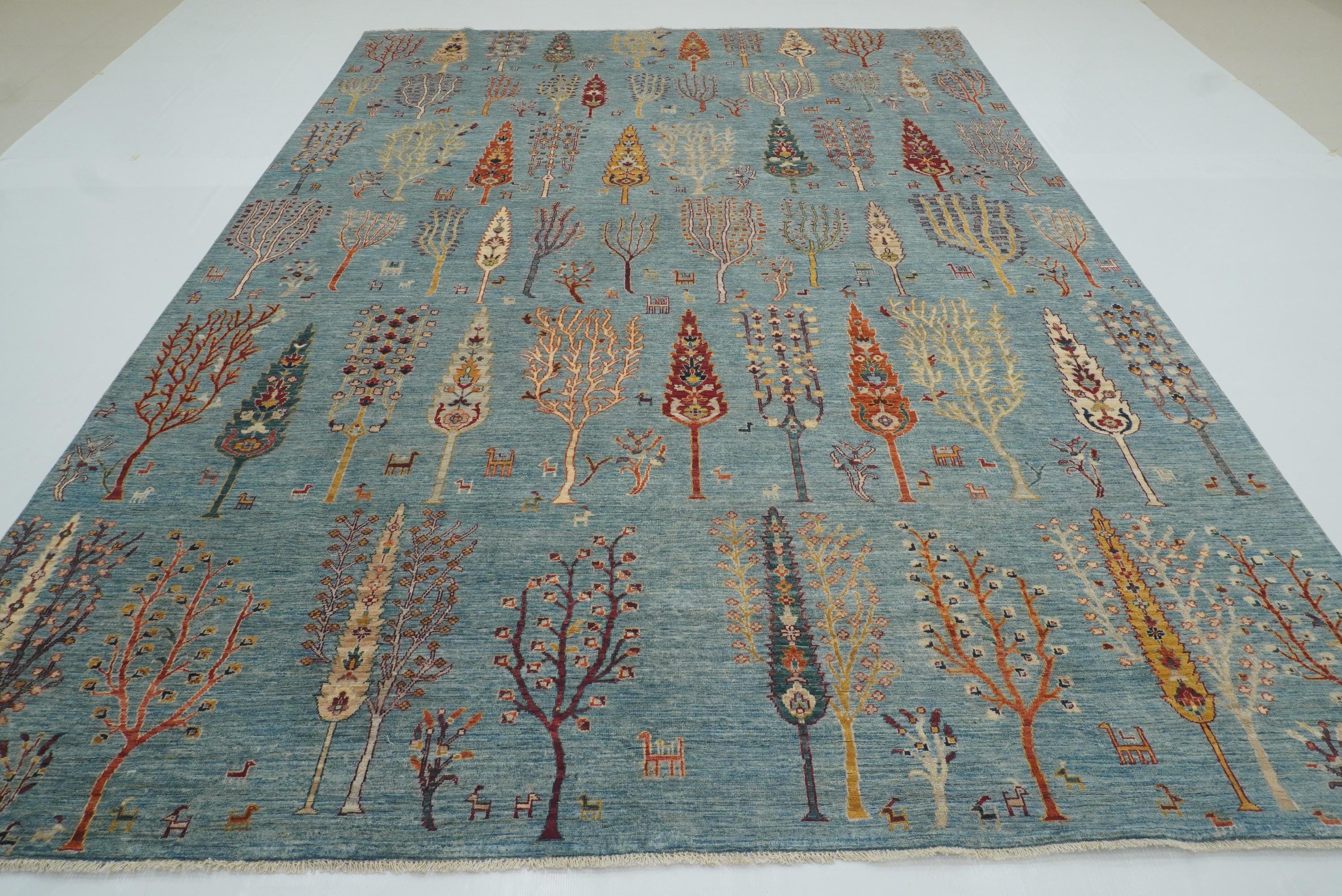 9x12 Blue Gabbeh Afghan Hand-Knotted Tree of life Rug - Yildiz Rugs