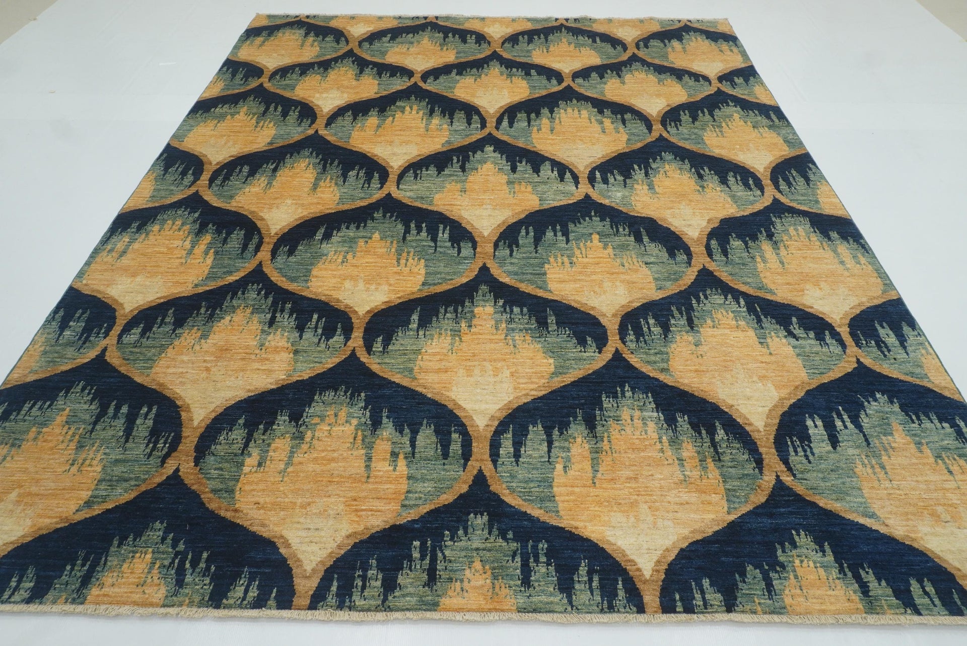 8x10 Afghan Ikat Green Blue Hand-Knotted Rug - Yildiz Rugs