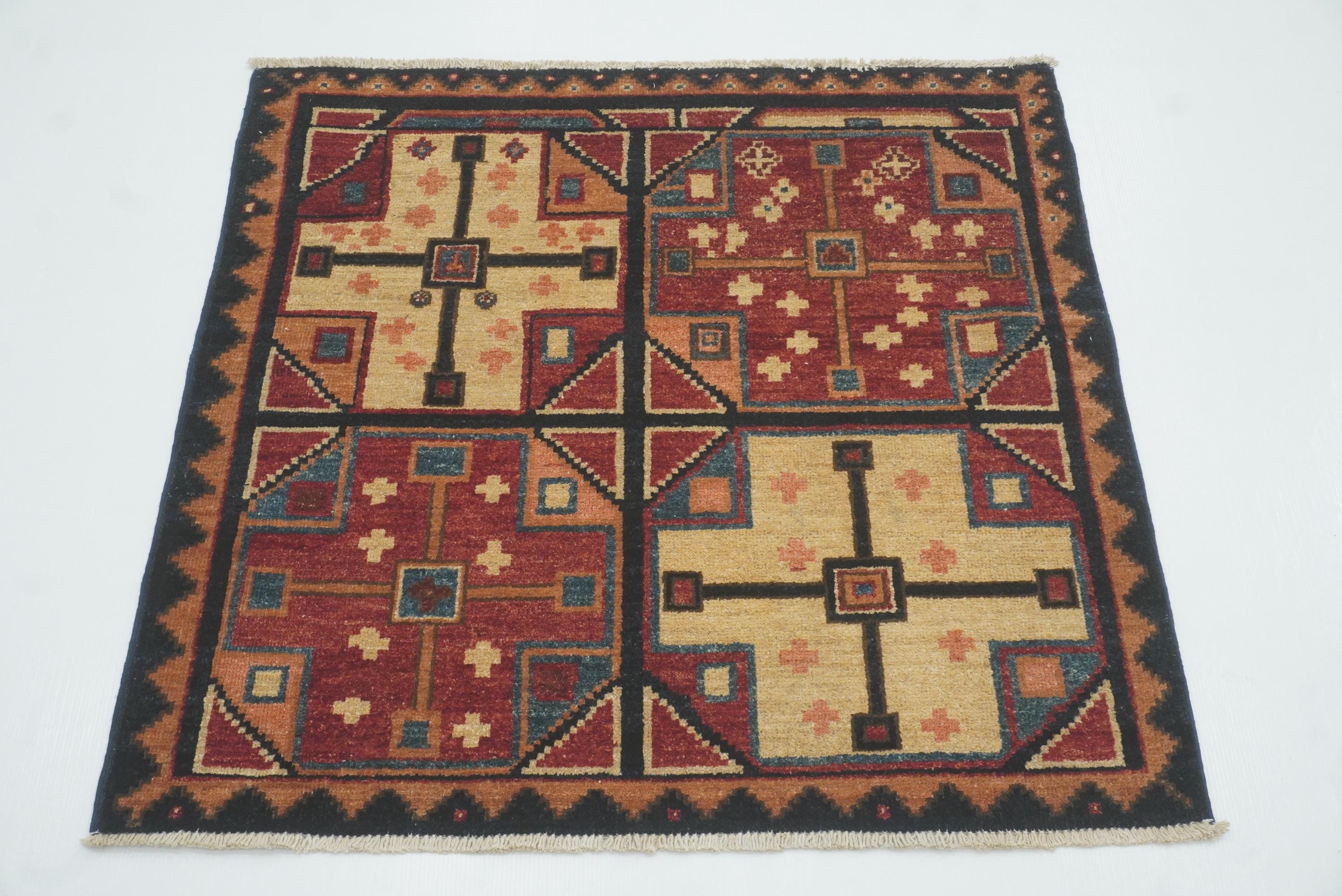3x3 Red Blue Afghan Hand Knotted Sqaure Rug - Yildiz Rugs