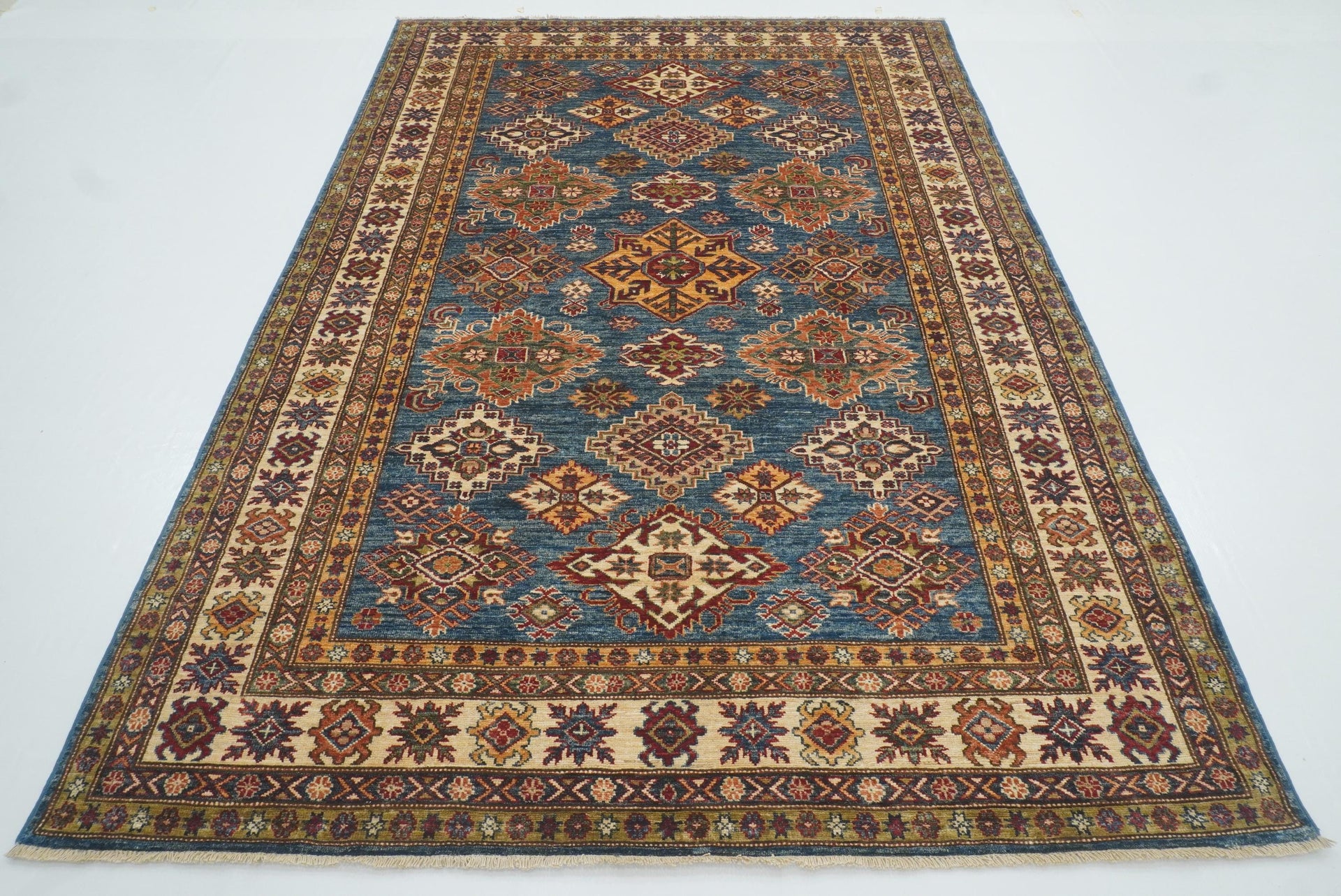 6x9 Blue Kazak Afghan Hand-Knotted Oriental Rug - Yildiz Rugs