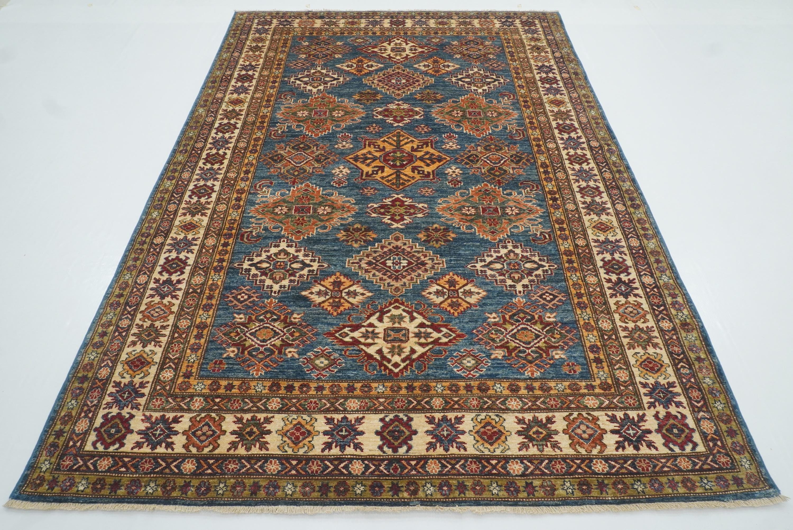 6x9 Blue Kazak Afghan Hand-Knotted Oriental Rug - Yildiz Rugs