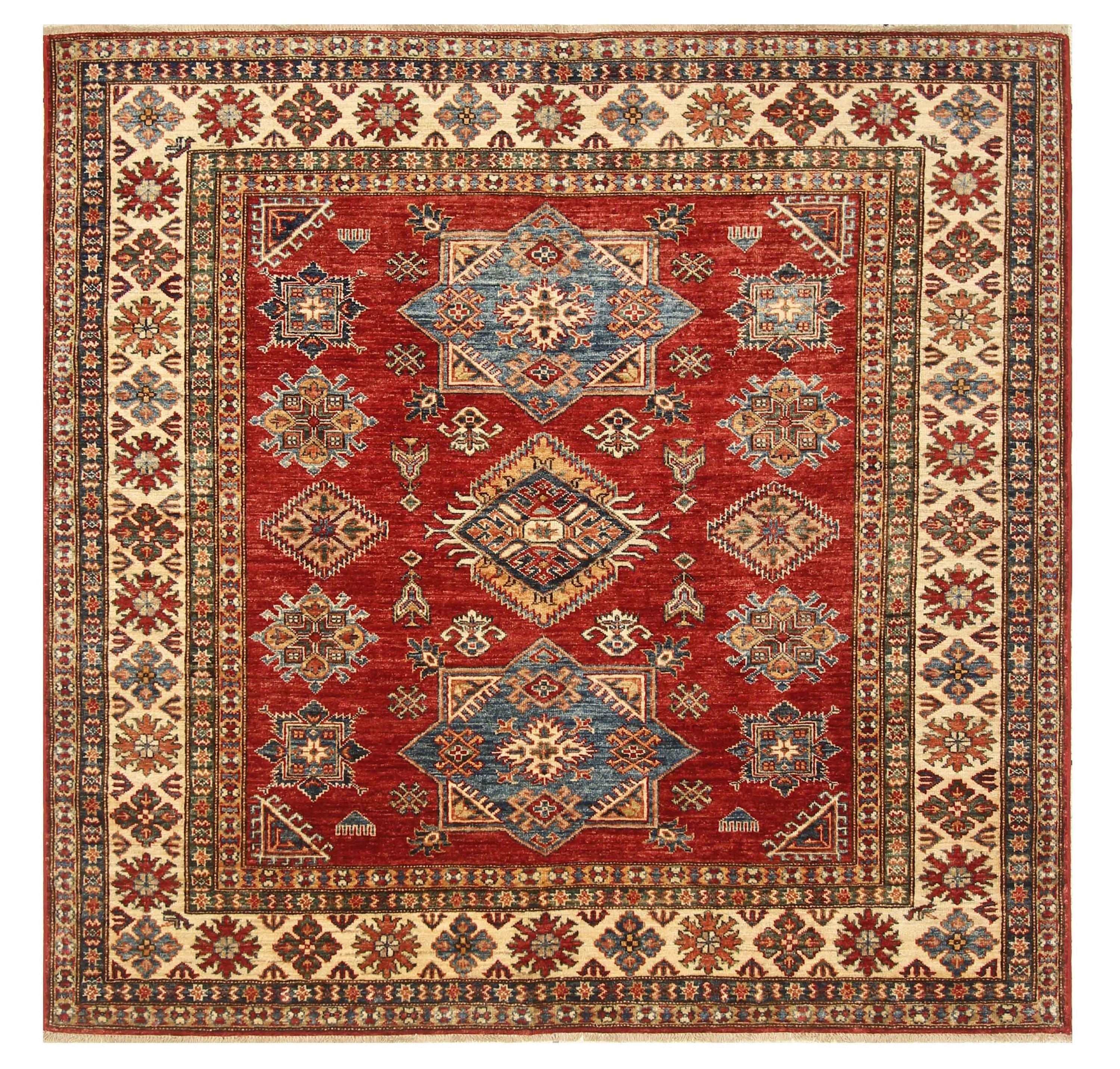6x6 Red Kazak Afghan Hand-Knotted Wool Sqaure Rug - Yildiz Rugs