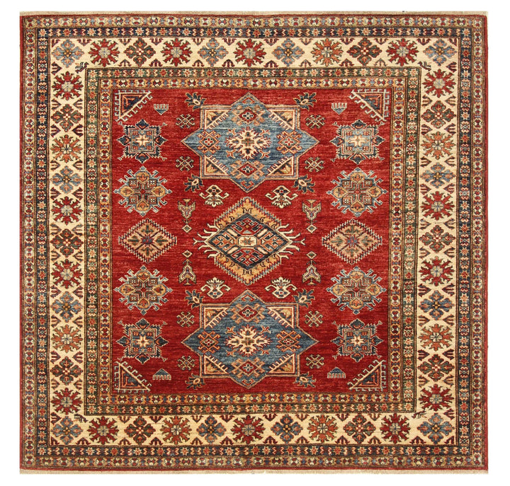 6x6 Red Kazak Afghan Hand-Knotted Wool Sqaure Rug - Yildiz Rugs