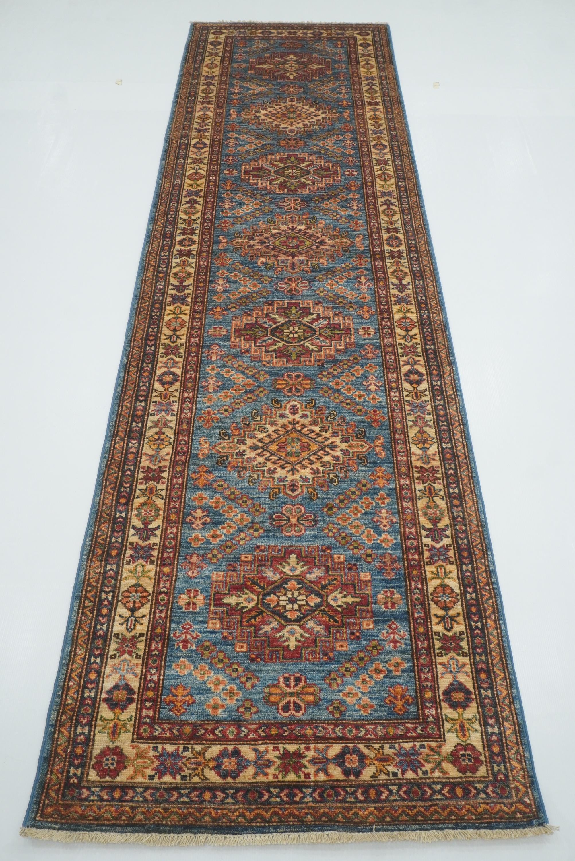 10 ft Kazak Blue Afghan Hand Knotted Runner Rug - Yildiz Rugs