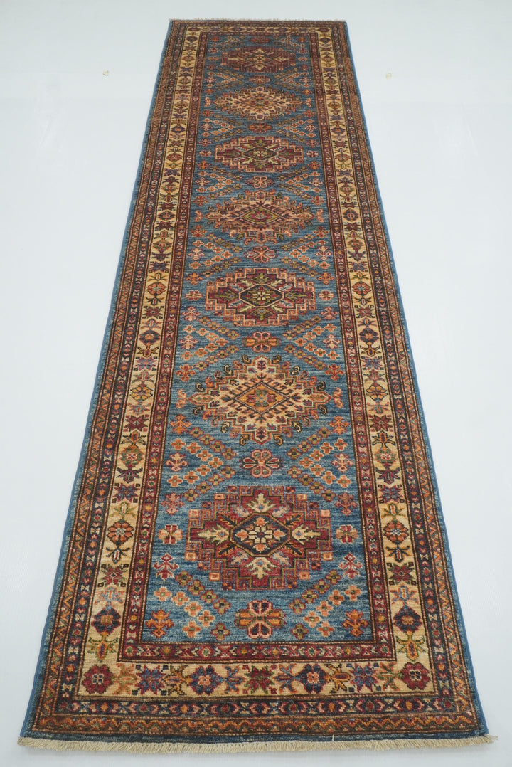 10 ft Kazak Blue Afghan Hand Knotted Runner Rug - Yildiz Rugs