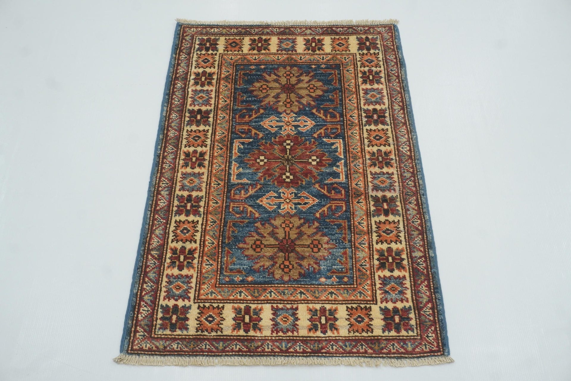 2x3 Blue Kazak Hand-Knotted Afghan Rug - Yildiz Rugs