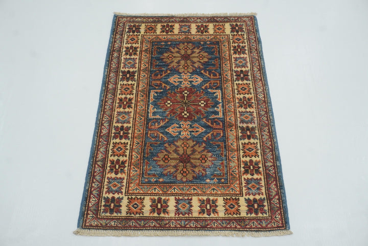 2x3 Blue Kazak Hand-Knotted Afghan Rug - Yildiz Rugs