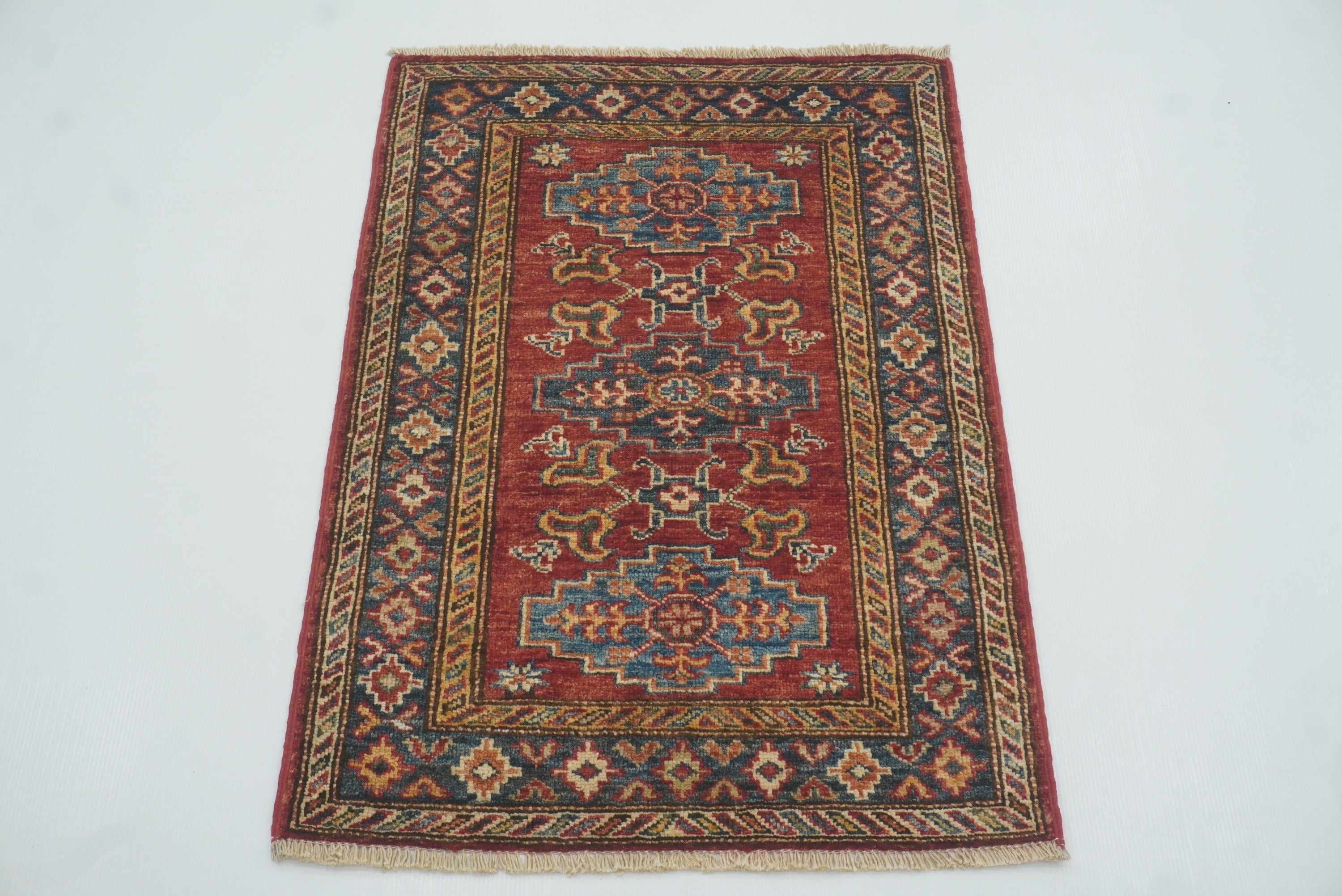 2x3 Red Kazak Hand-Knotted Afghan Rug - Yildiz Rugs