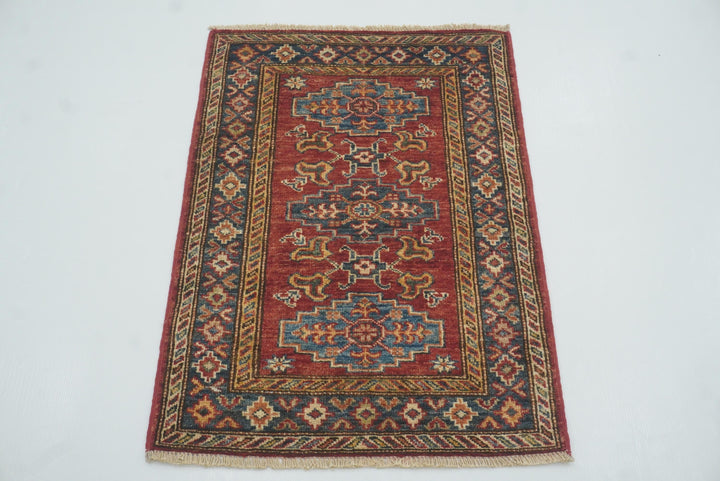 2x3 Red Kazak Hand-Knotted Afghan Rug - Yildiz Rugs