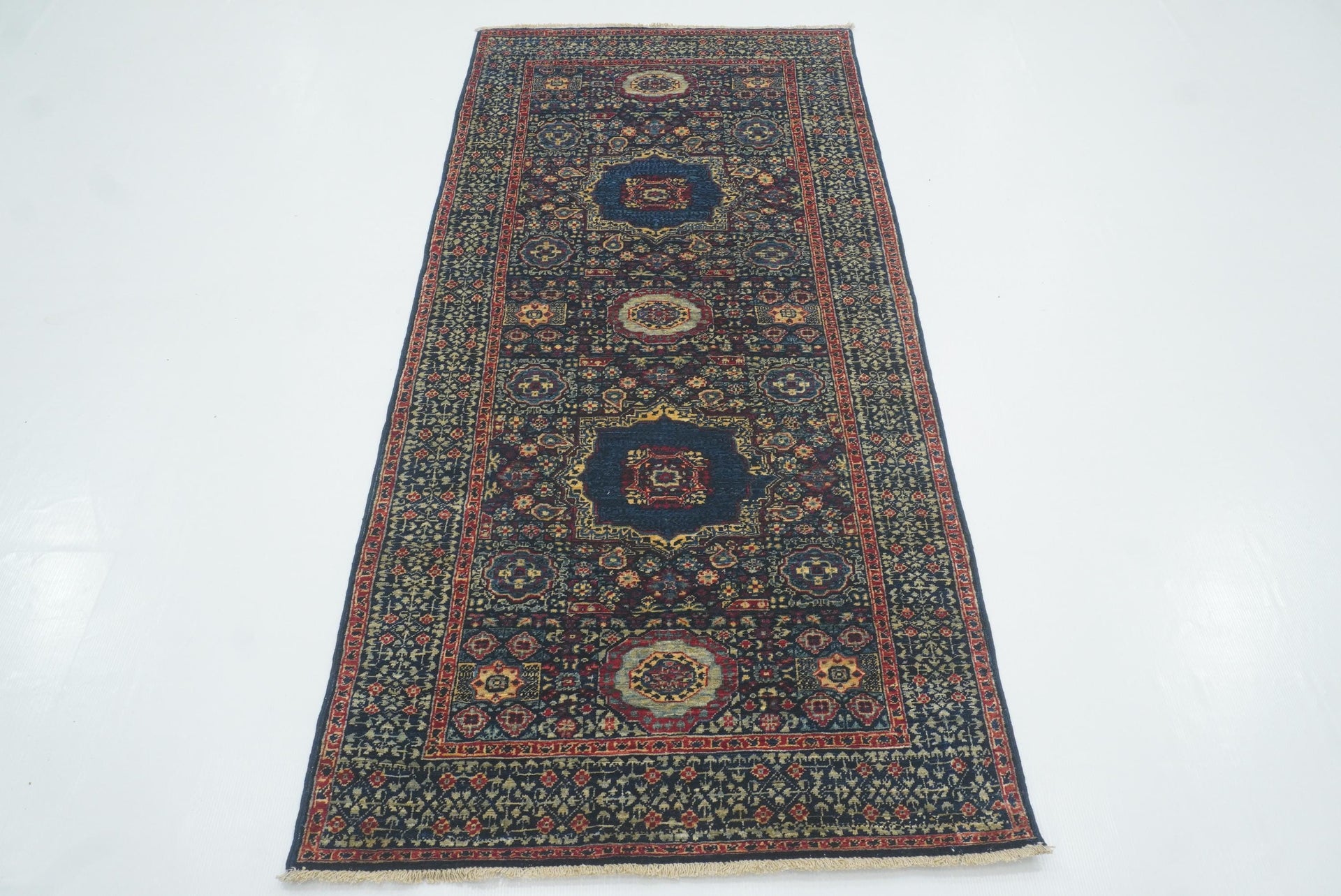 7 ft Mamluk Navy Blue Hand-Knotted Runner Rug - Yildiz Rugs