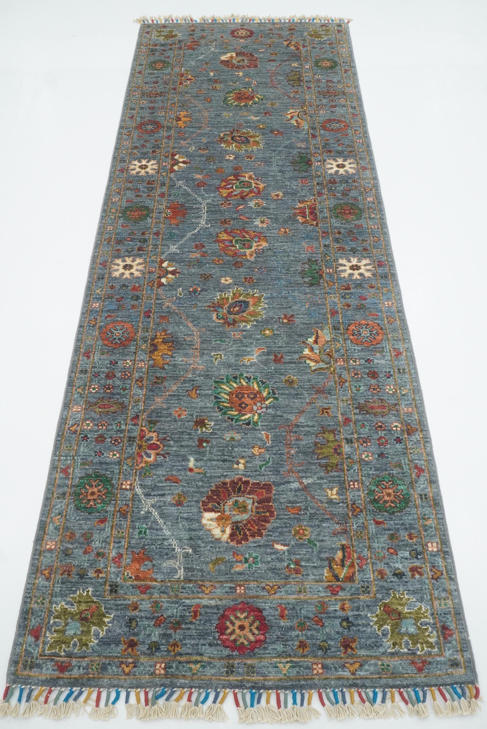8 ft Waziri Blue Afghan Hand-Knotted Runner Rug - Yildiz Rugs