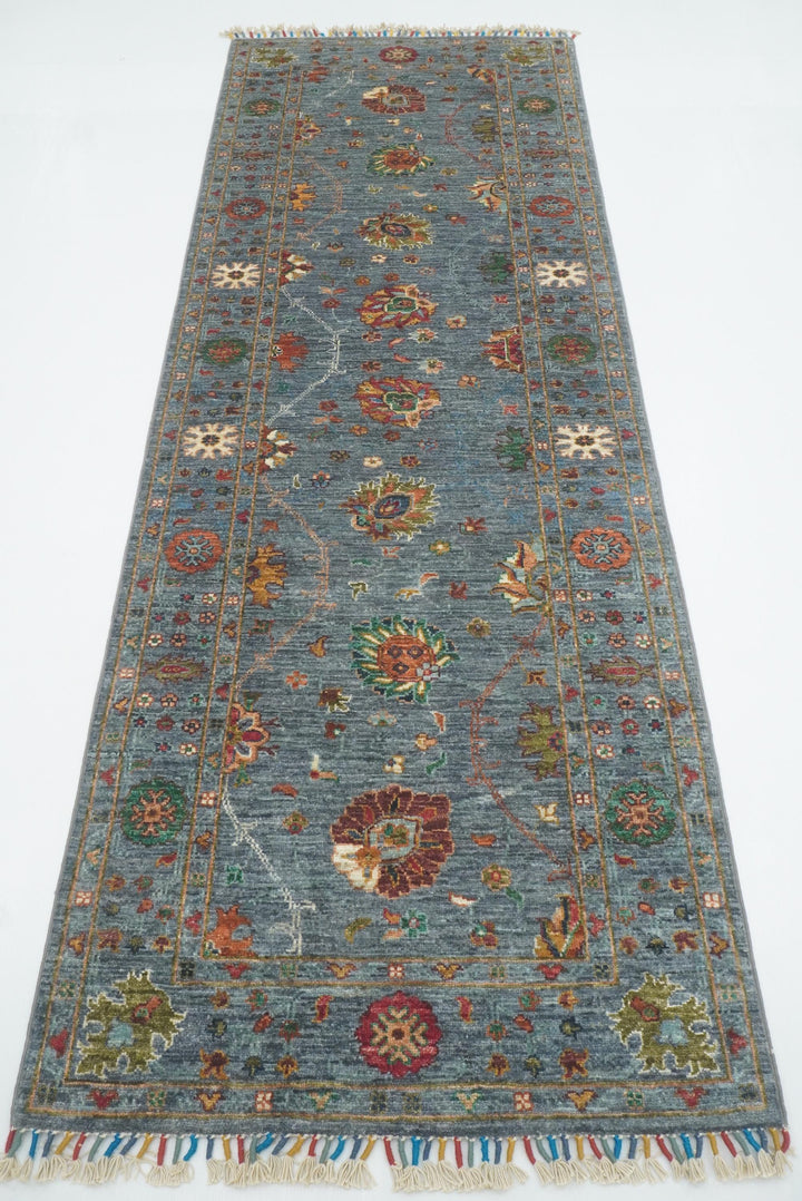 8 ft Waziri Blue Afghan Hand-Knotted Runner Rug - Yildiz Rugs