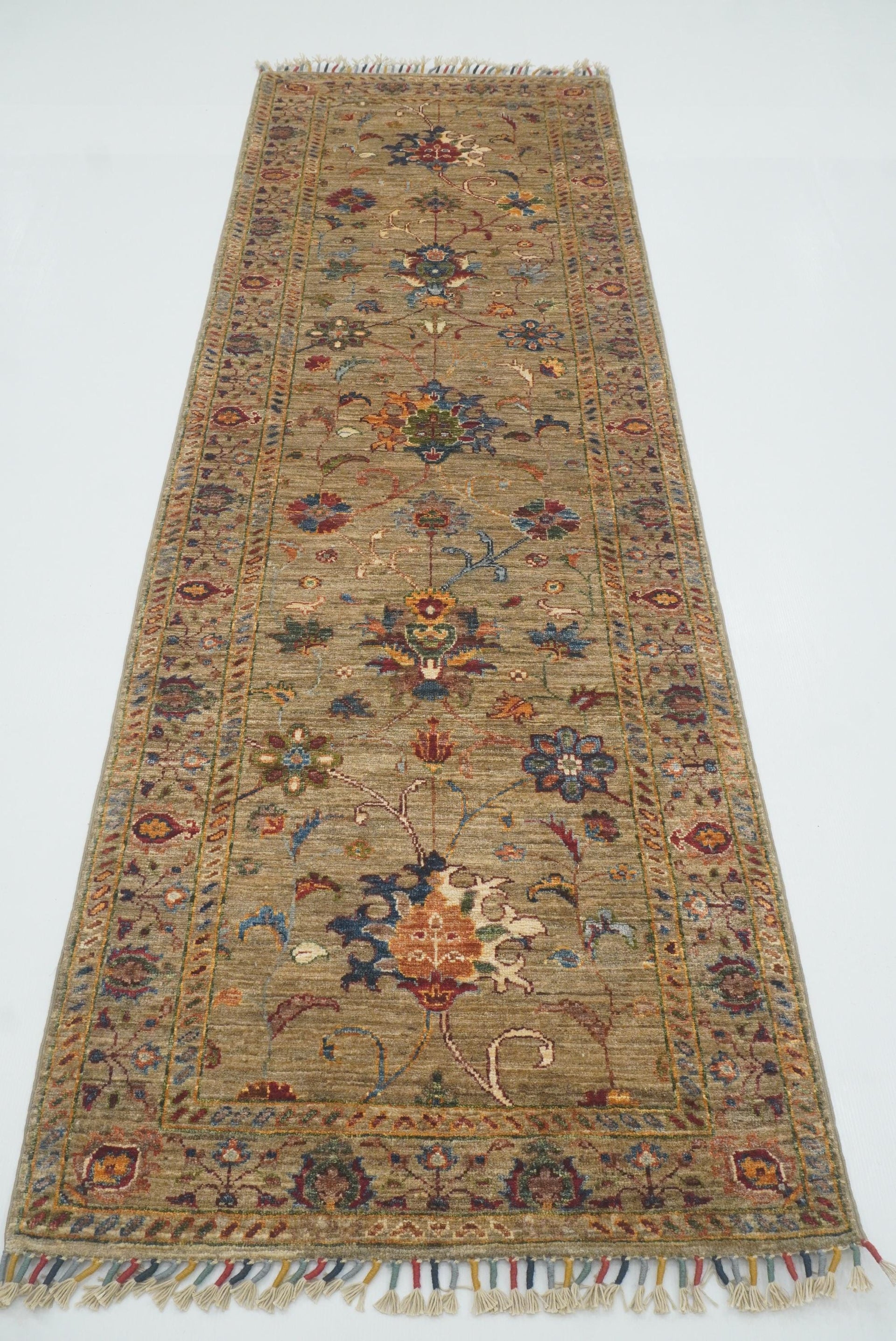 8 ft Waziri Olive Brown Afghan Hand-Knotted Runner Rug - Yildiz Rugs