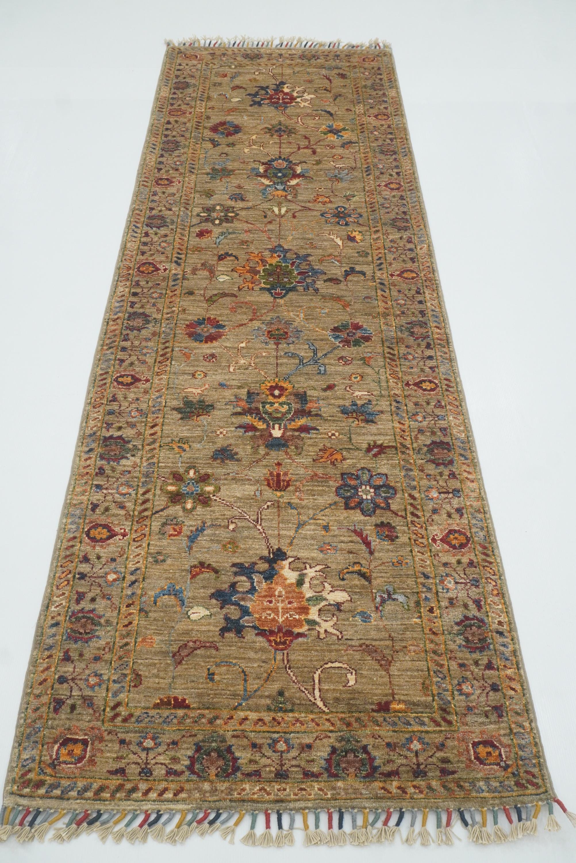 8 ft Waziri Olive Brown Afghan Hand-Knotted Runner Rug - Yildiz Rugs