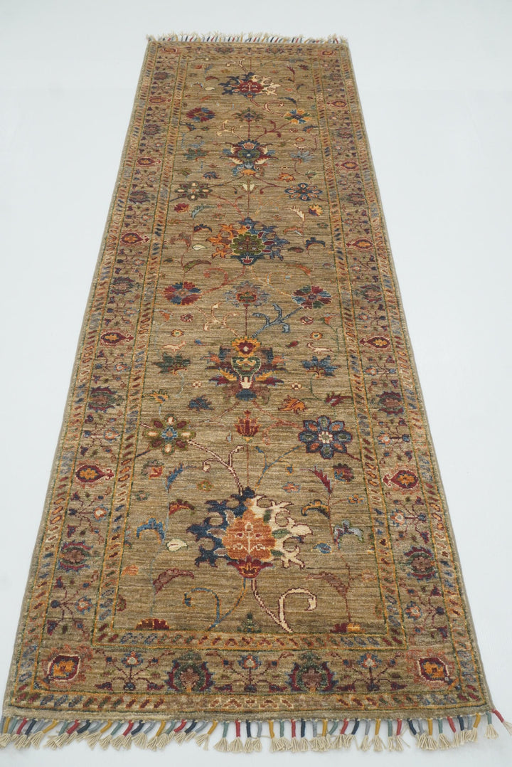 8 ft Waziri Olive Brown Afghan Hand-Knotted Runner Rug - Yildiz Rugs