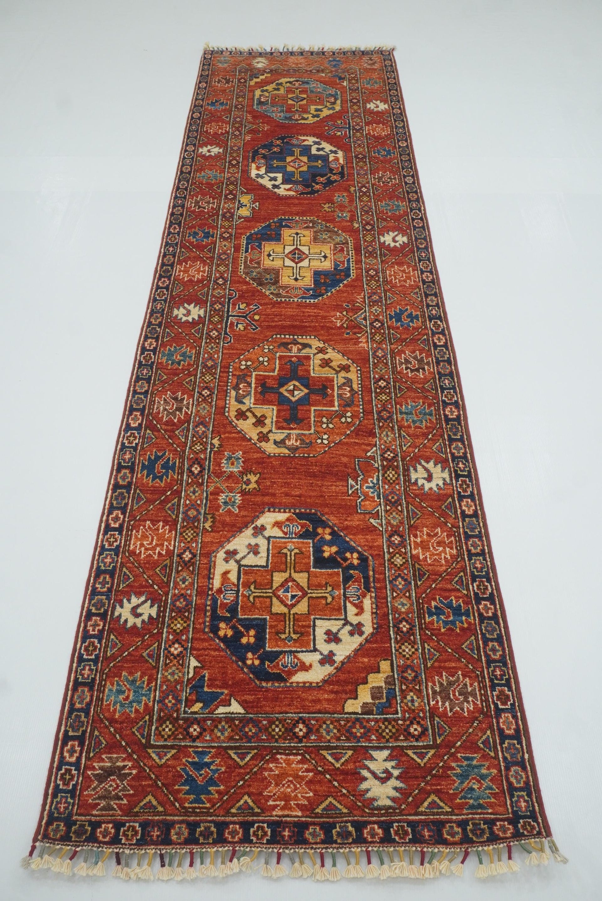 10 ft Red Ersari Afghan Hand Knotted Runner Rug - Yildiz Rugs